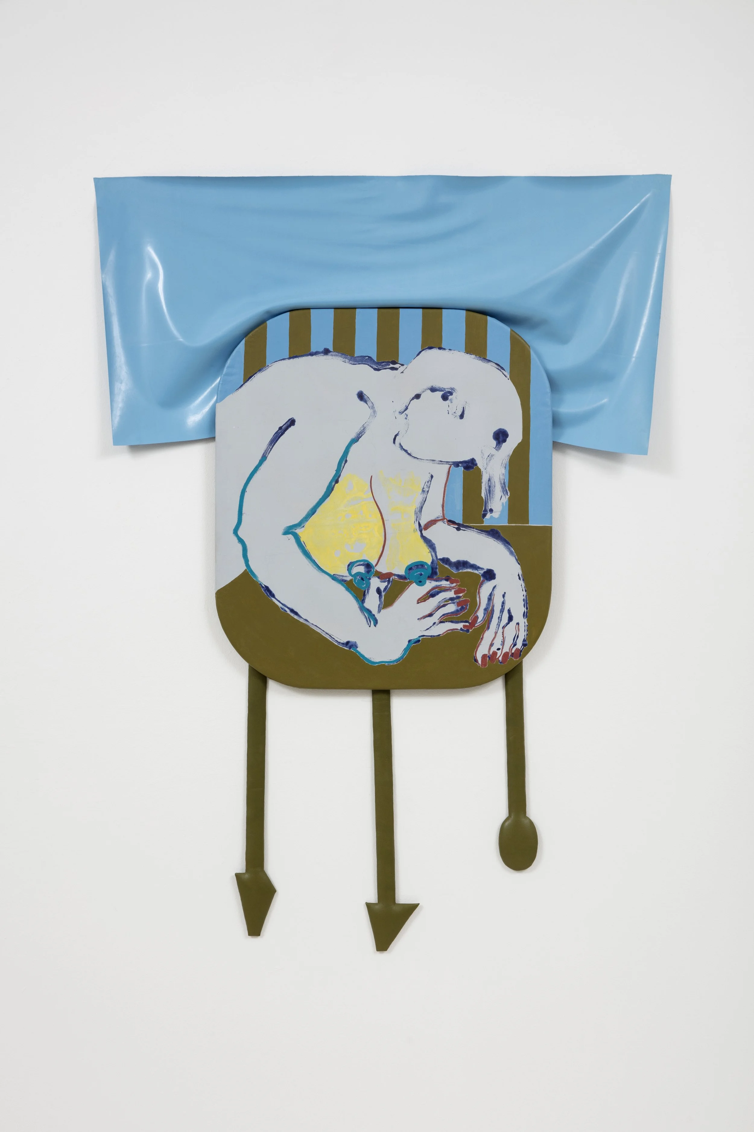 FIGHTING OR RENOUNCING, 44X39”, SPRAY PAINT, ACRYLIC, AND OIL STICK ON LEATHER AND WOOD,LATEX, AND LEATHER, 2024, $2500