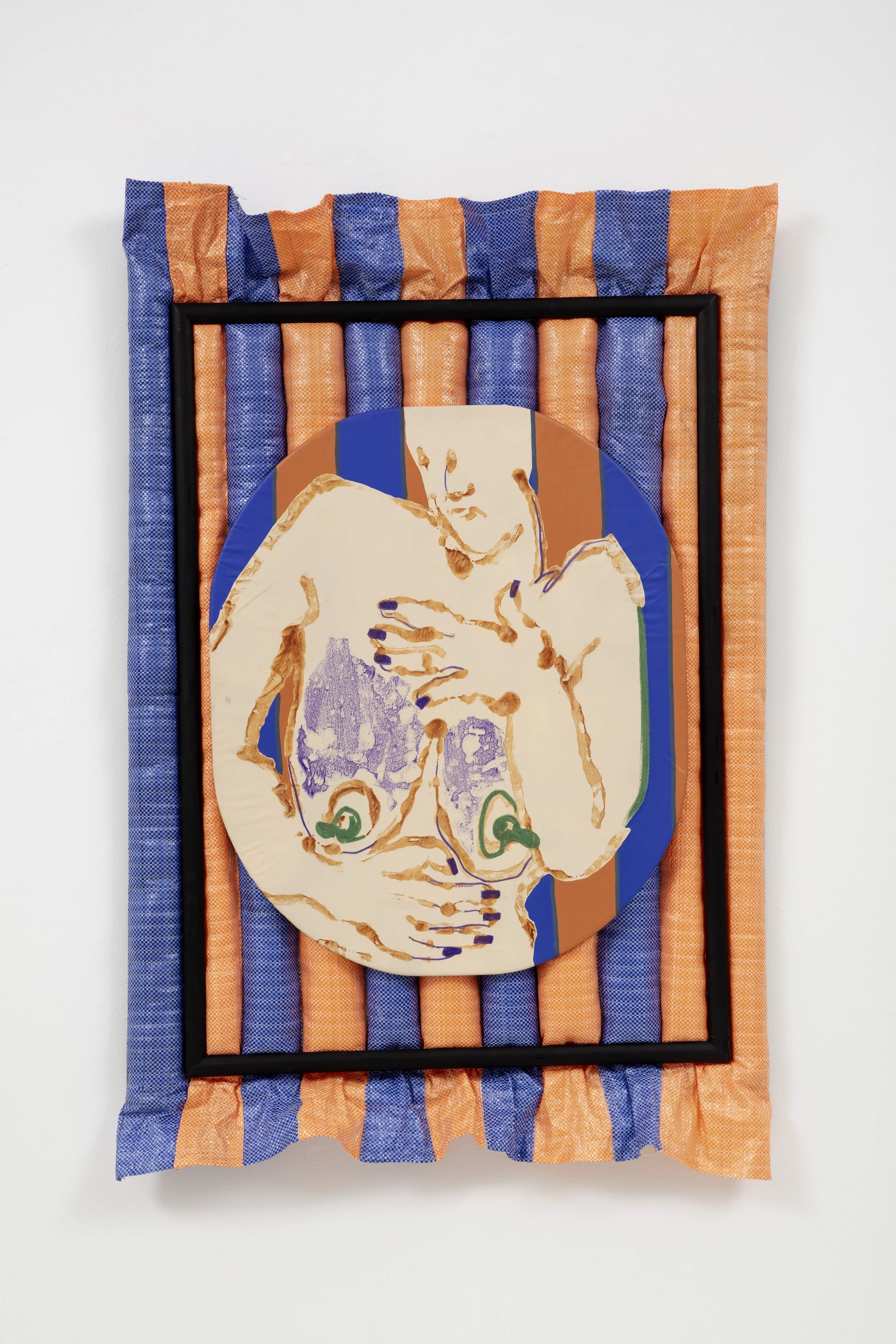 TRAPPED IN THE JOURNEY, 46x30'', SPRAY PAINT, ACRYLIC, AND OIL STICK ON LEATHER AND WOOD,ON UPCYCLED MAILING PLASTIC BAGS, 2024, $4000