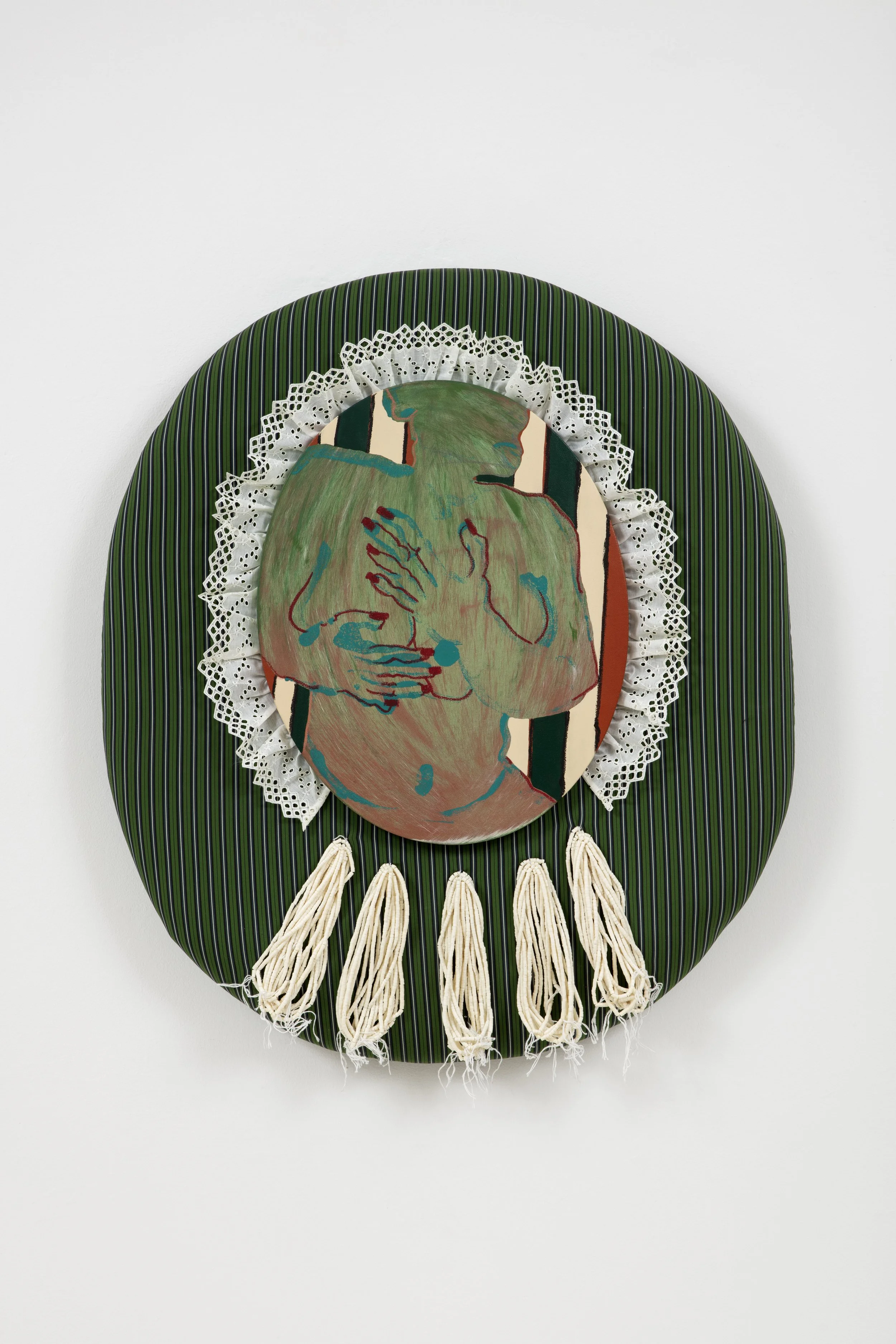 THE HELP, 35x31'', ACRYLIC AND OIL STICK ON CANVAS, FABRIC, LACE AND BEADS, 2024, $3000