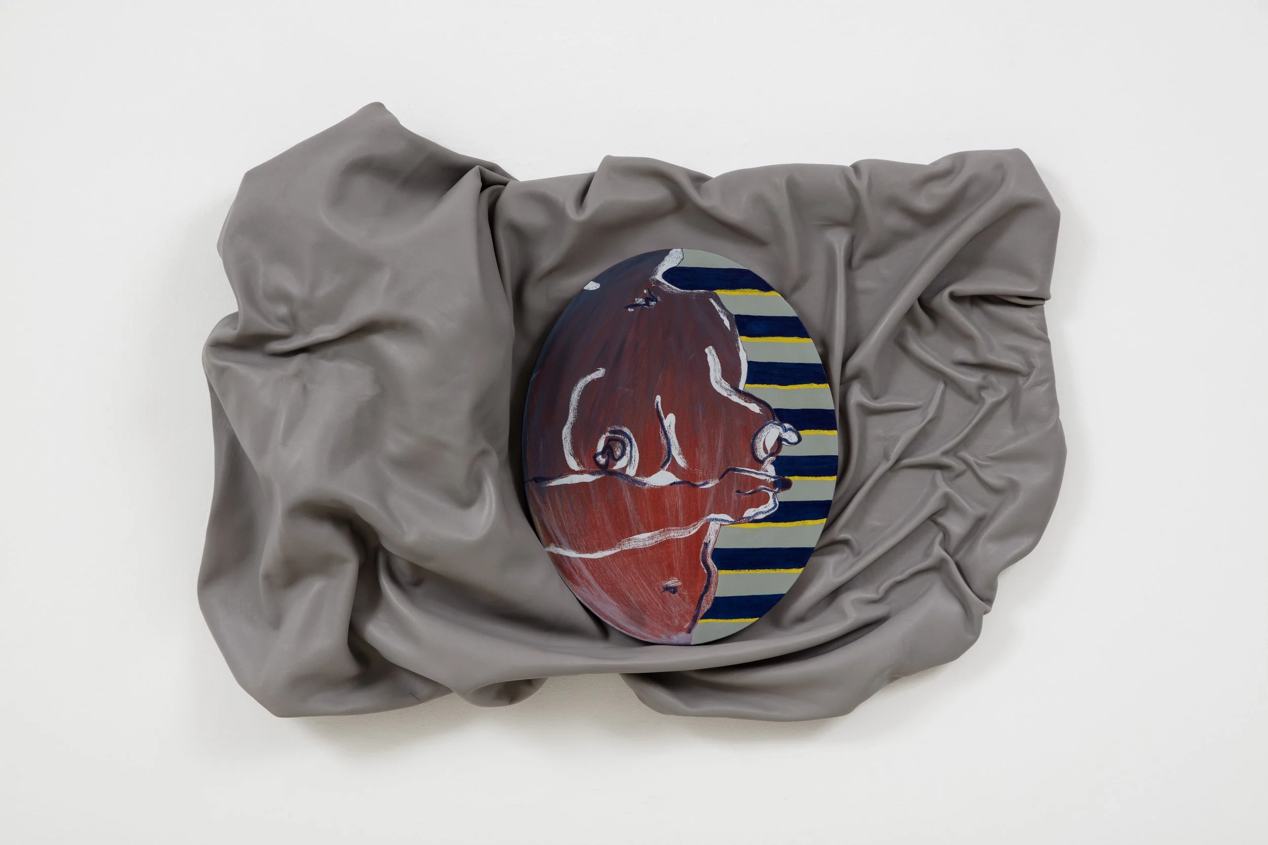 EMPTIED OUT, 44x32'', ACRYLIC, AND OIL STICK ON CANVAS ON LEATHER, 2024, $3000