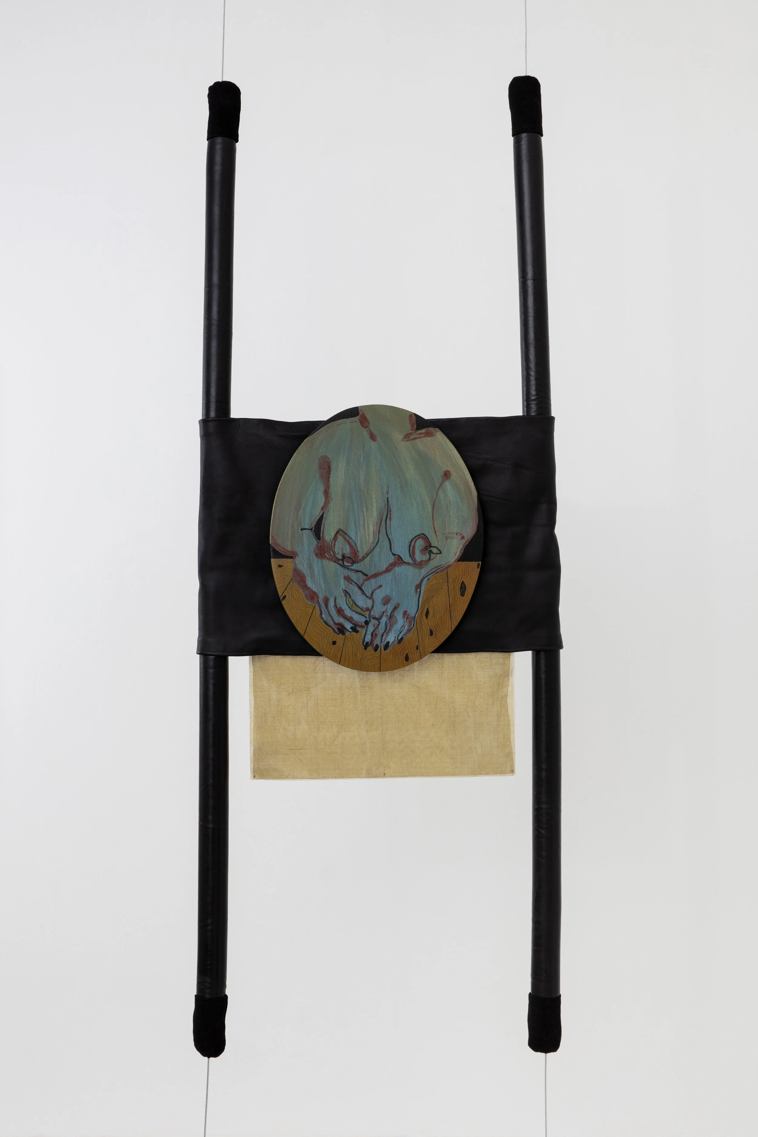 PULLED FROM ALL SIDES, 75X27”, ACRYLIC AND OIL STICK ON CANVAS, LEATHER, FABRIC AND TRIM, METAL MESH SHEET AND CABLES CABLES, 2024, $3500
