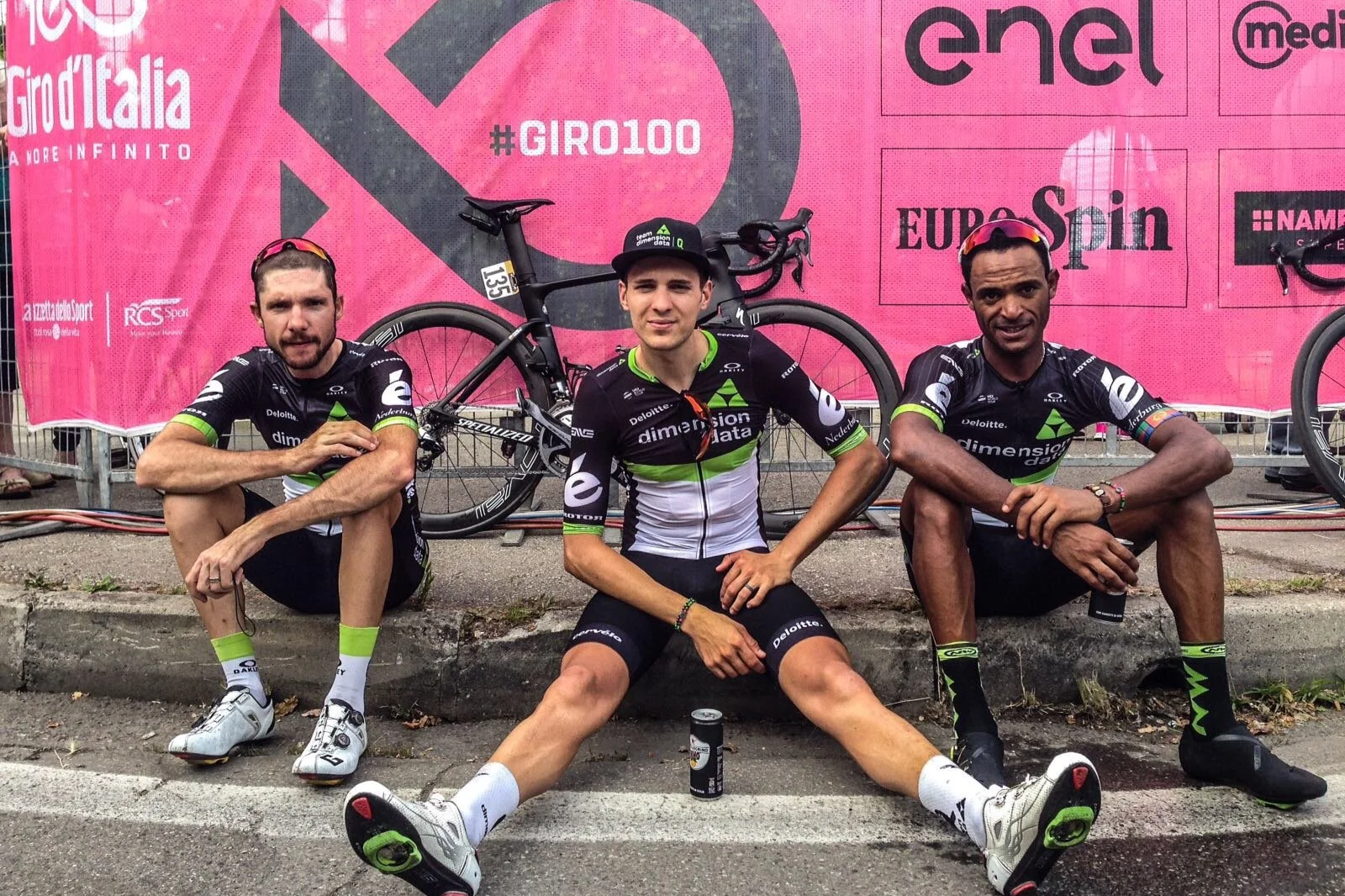 With teammates after a stage of the Giro d'Italia, 2017. Photo: Damian Murphy, Team Dimension Data