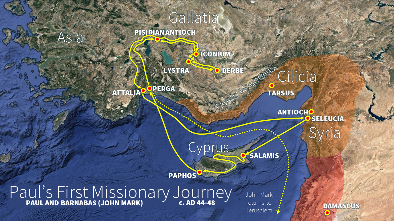 Map showing Paul's missionary journey around the eastern Mediterranean, including locations such as Paphos, Salamis, Antioch, Cyprus, Perga, Attalia, Pisidian Antioch, Iconium, Derbe, Lystra, Gallatia, Asia, Cilicia, Syria, Damascus, and John Mark's 