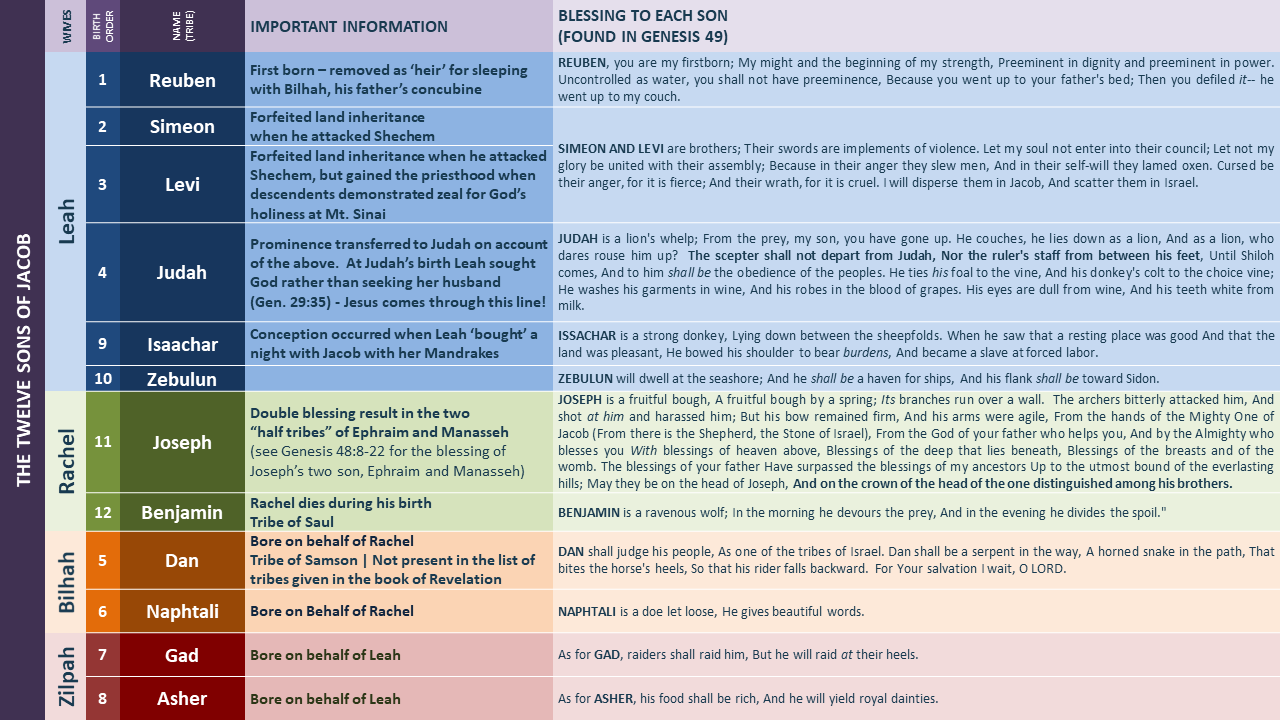 Chart listing the twelve sons of Jacob, their birth order, and corresponding biblical blessings from Genesis 49. Includes detailed historical and religious significance for each son.