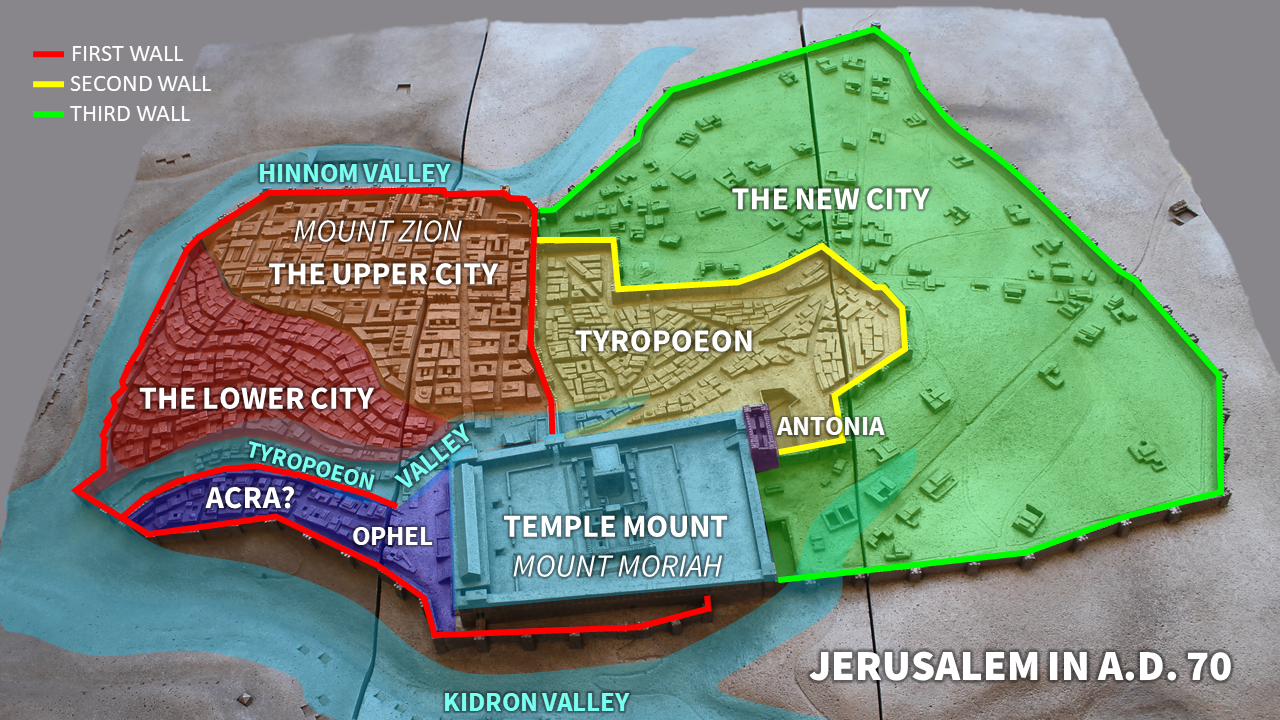 Map model of Jerusalem in A.D. 70, showing Mount Zion, Temple Mount, and various city regions such as the Upper City, Lower City, and New City. The map highlights three walls: First Wall in red, Second Wall in yellow, and Third Wall in green. Notable
