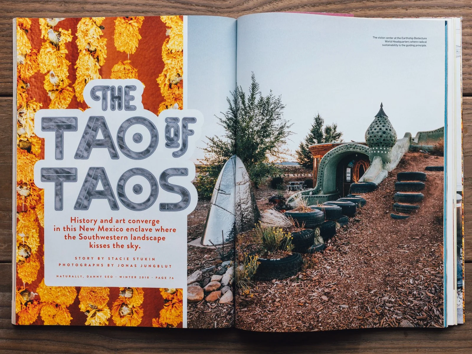 Magazine spread with a title 'The Tale of Taos' on the left page, surrounded by a background of yellow flowers with bees. The right page shows an outdoor scene in Taos, New Mexico, featuring a whimsical building with a green, dotted dome, a small tre