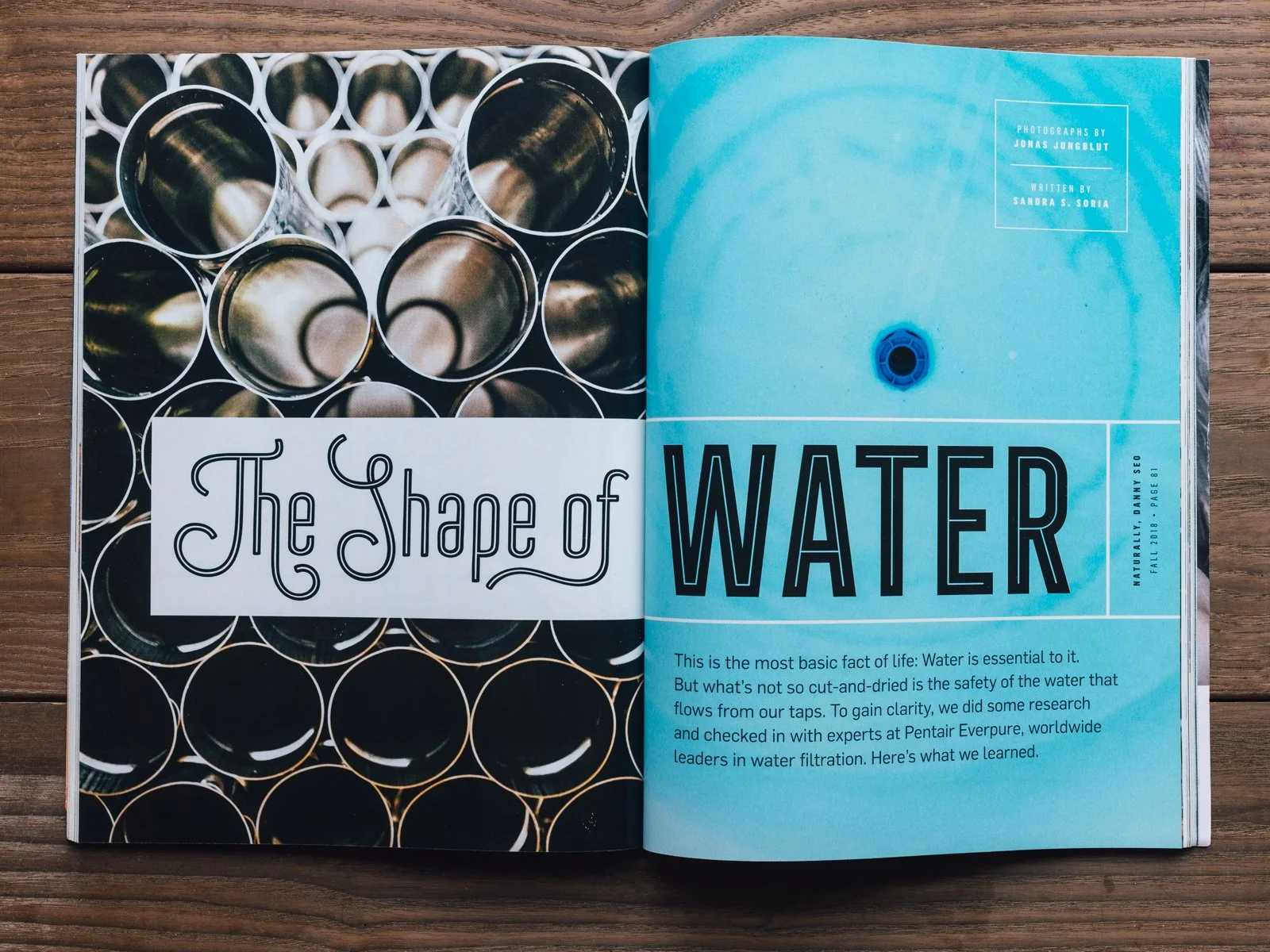 Open magazine showing two pages; the left page has a pattern of metallic cans, and the right page features the title 'The Shape of Water' with a water-themed background and text about water safety and filtration.