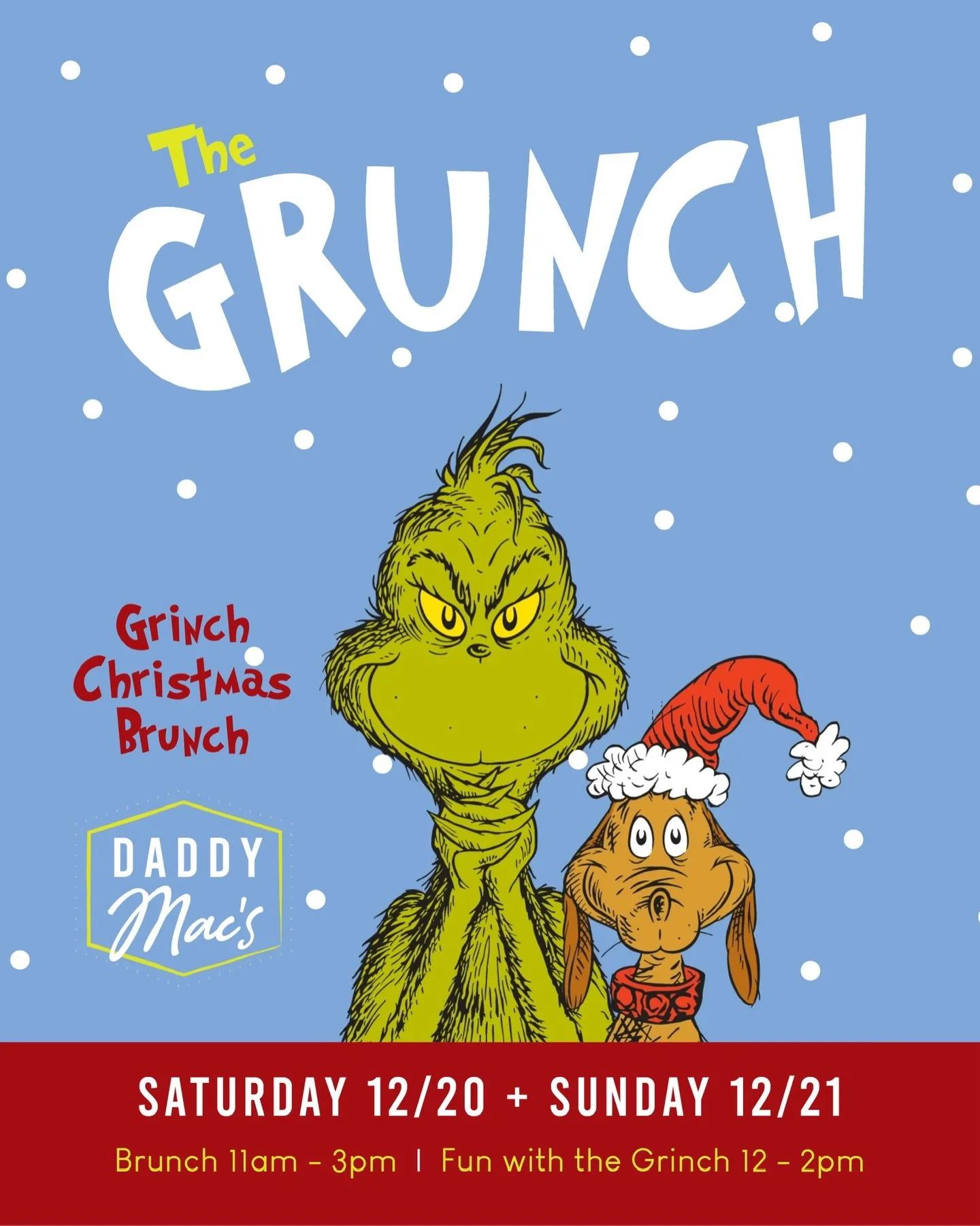 Join us for&nbsp;Grunch&nbsp;- a special Christmas Brunch with The Grinch this weekend! 🍳

We&rsquo;ll have fun cocktails and a special brunch menu. Plus, The Grinch himself will be here from 12-2pm. Get pics with him before the holiday chaos!

Brun