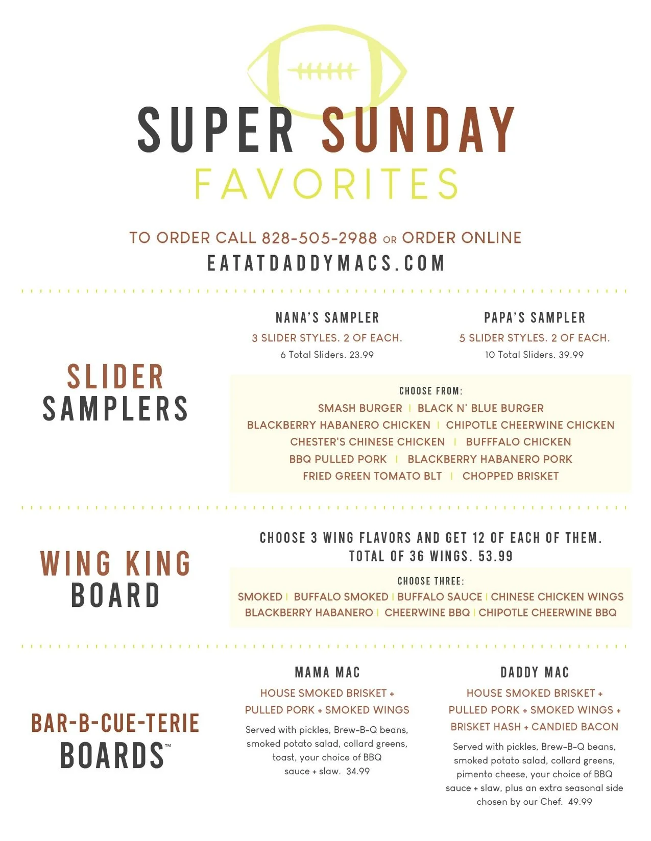 Your Super Sunday crew deserves better than sad chips and salsa. Level up your spread with Slider Samplers, the Wing King Board, and our legendary Bar-B-Cue-Terie Boards. 🔥 Call us now to place your order!
&nbsp;
PS: Our Bloody Mary Bar in a jar is 
