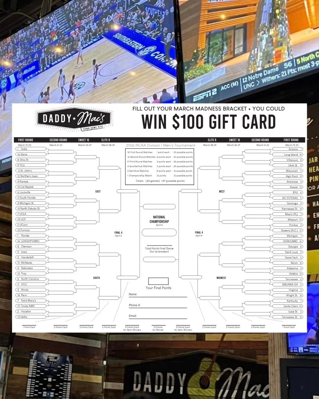 The Madness is here! 🏀 Enter our bracket challenge for a chance to win a $100 gift card. Turn in your copy before tip off on Thursday! 
 
Stop by to pick up a bracket or download and print through our link in bio.