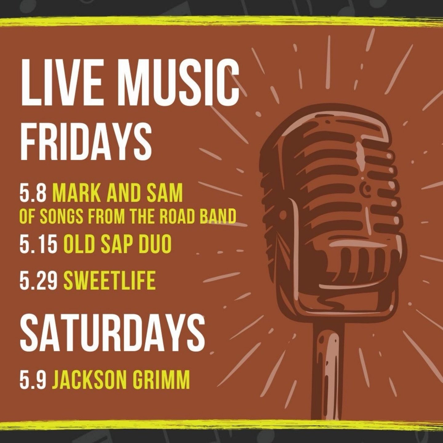 Live music is heating up this month. 🔥

Starting with bluegrass on the Daddy Mac&rsquo;s stage tonight at 9pm. Good tunes, cold drinks, and our FULL food menu available until midnight! See y&rsquo;all soon.