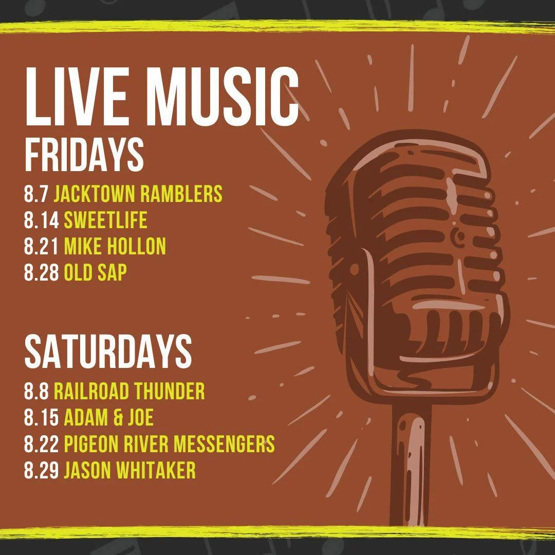 August live music lineup 🔥

Music starts at 9pm and our FULL food menu is available until midnight on Fridays and Saturdays! Can't make it in? Find us on DoorDash &amp; Grubhub delivery.