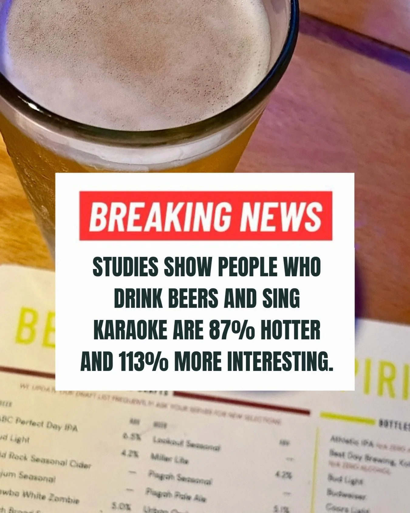Become 87% hotter and 113% more interesting TONIGHT. Karaoke Night with @avllyric2 starts at 8pm! 🎤