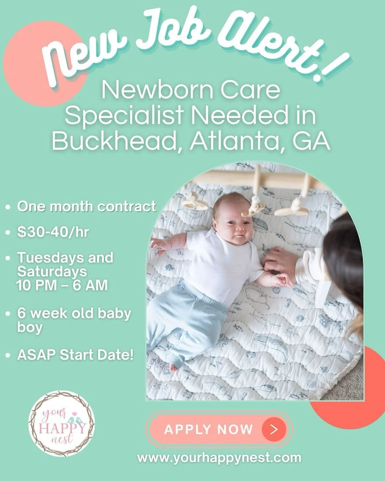 🍼NEWBORN CARE SPECIALIST NEEDED FOR BUCKHEAD FAMILY! 🍼

A warm and easygoing family in Atlanta is seeking a compassionate and knowledgeable Newborn Care Specialist to support them overnight as they adjust to life with their sweet baby boy. Their 6-