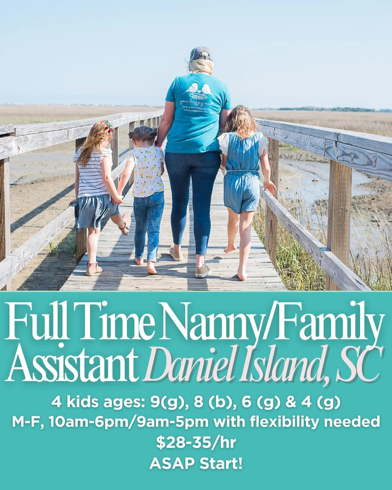 🏡FULL TIME NANNY/FAMILY ASSISTANT NEEDED ON DANIEL ISLAND, SC 🏡

A proactive, organized, and loving nanny/family assistant is needed on Daniel Island to care for four children after school and manage household tasks during school hours. This is an 