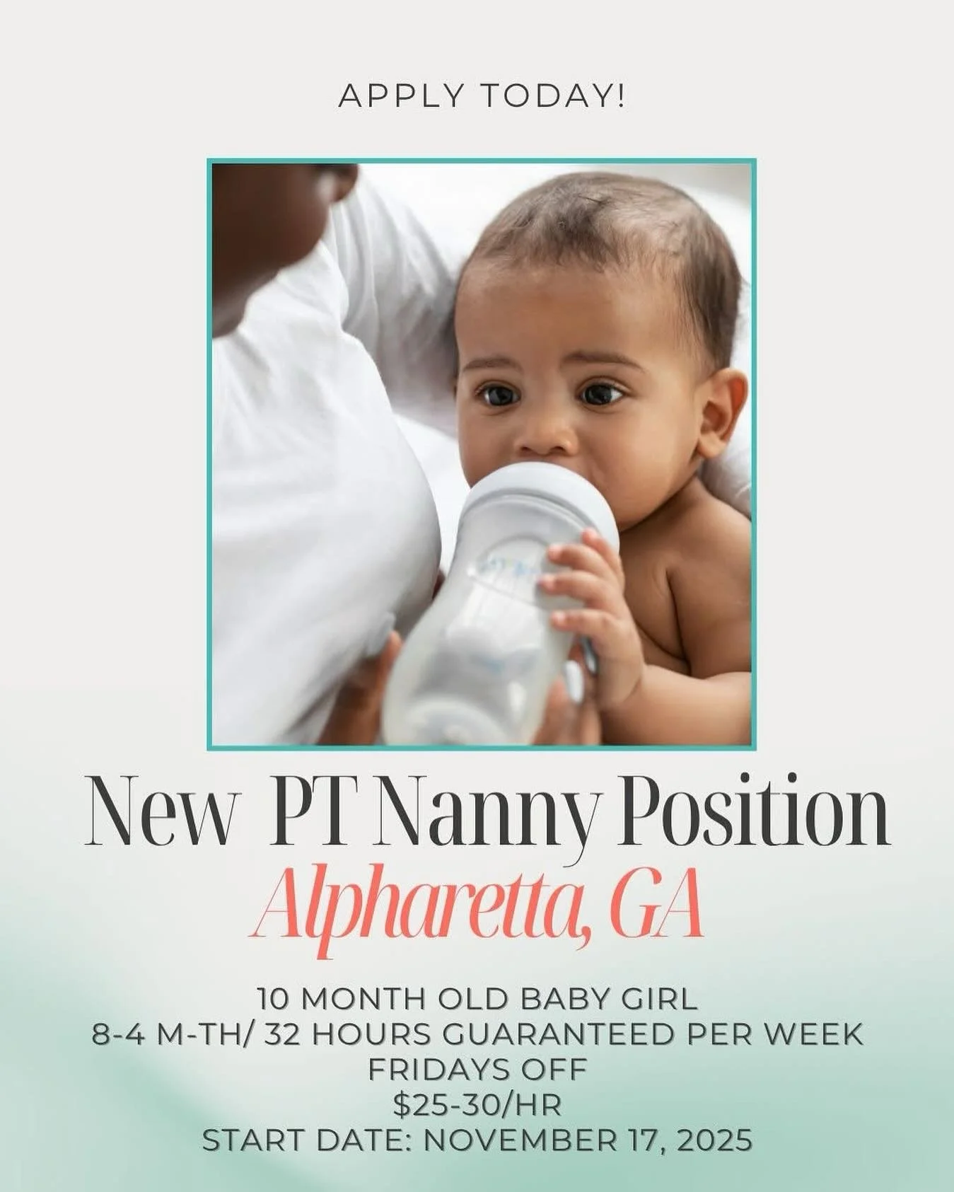 🤩NEW PART TIME POSITION AVAILABLE IN ALPHARETTA, GA! 🤩

Loving first-time parents in Alpharetta, GA are seeking a nurturing and experienced nanny to care for their 10 month old sweet baby girl for a 6 month contract. This position offers a Monday&n