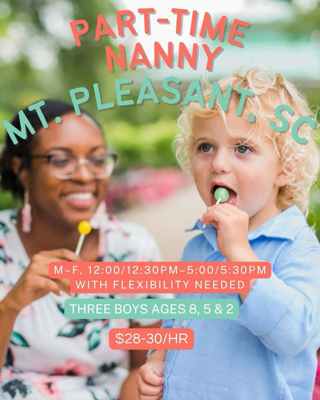 🦖NEW PART TIME NANNY POSITION AVAILABLE IN OLD VILLAGE, MT PLEASANT, SC 🦖

A hands-on, active, and routine-oriented nanny is needed in Mount Pleasant (Old Village) to care for three young boys! This role is perfect for a nanny who thrives in a busy