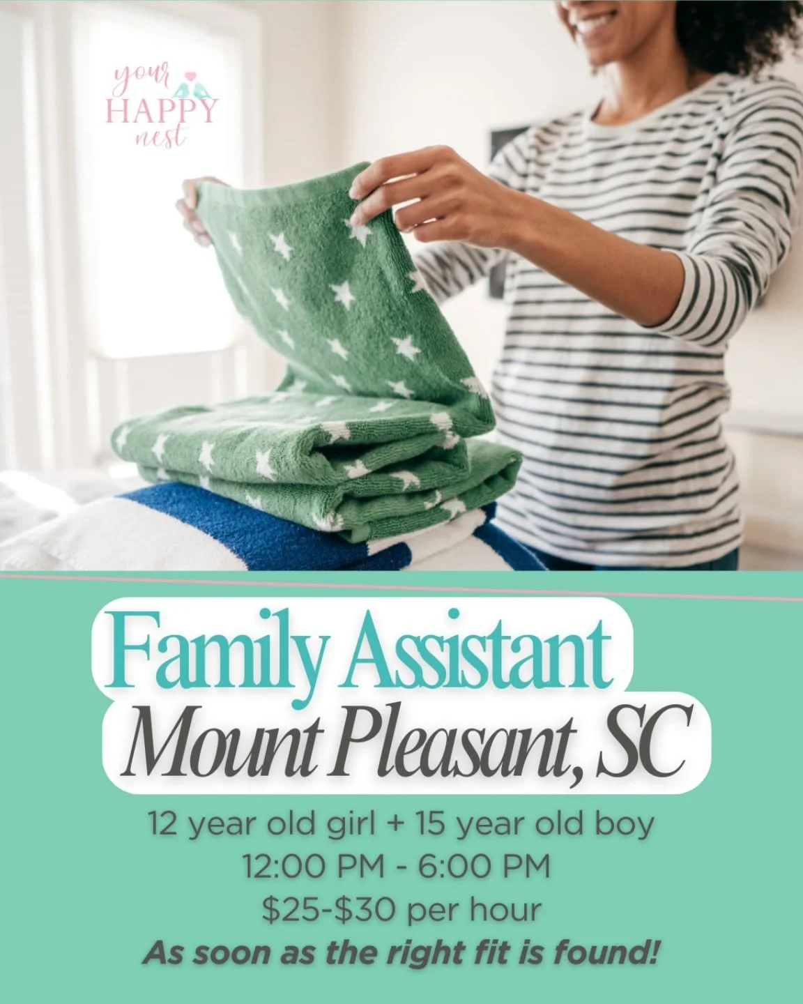 🤩 FAMILY ASSISTANT/AFTER SCHOOL NANNY NEEDED FOR FAMILY WITH TWO CHILDREN 🤩

A busy Mount Pleasant family is seeking a reliable and proactive Family Assistant/After School Nanny to help keep their household running smoothly. This is a great opportu