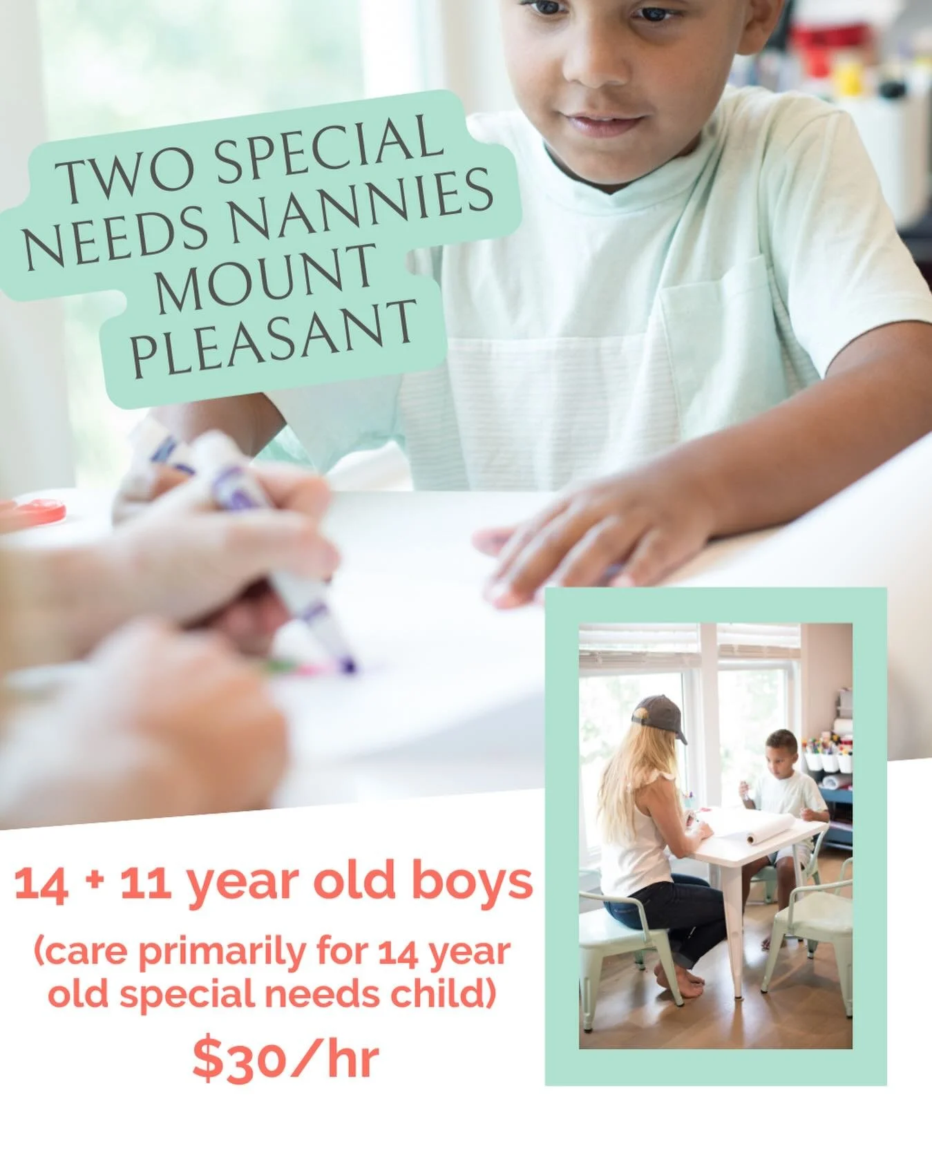 🧩 💙 TWO NANNIES NEEDED FOR FAMILY WITH 14 YEAR OLD SPECIAL NEEDS SON 💙 🧩

A friendly and welcoming family in North Mount Pleasant is seeking two kind, patient, and experienced nannies with a strong background in special needs care to join their h