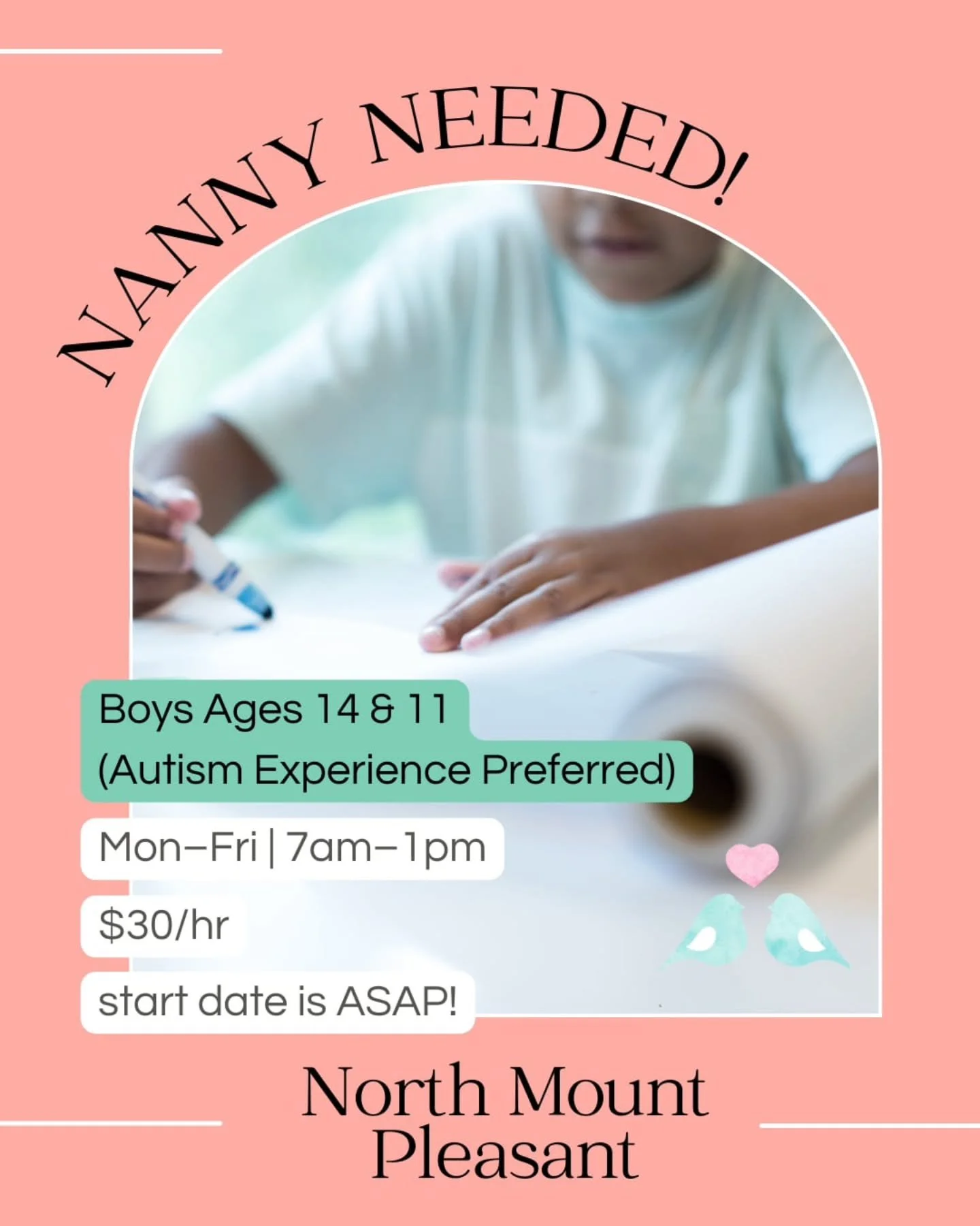🧩💙NANNY NEEDED: NOW HIRING!!! 💙🧩

A wonderful family in North Mount Pleasant is looking for one experienced special needs nanny to complete their care team. One nanny is already in place, we&rsquo;re seeking the second to work together as a team!