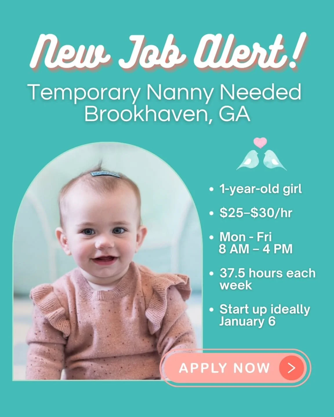 📣 New Job Alert! Temporary Nanny Needed 📣

A warm, engaging temporary nanny is needed in Brookhaven to care for a happy, energetic one-year-old girl! This position begins in early January and runs through the end of February, with the possibility o