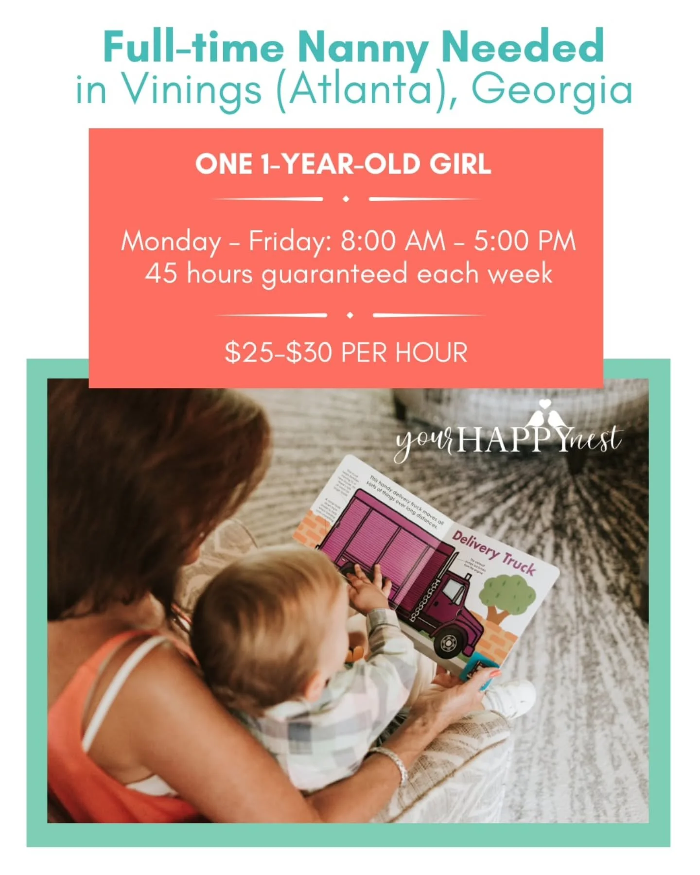 😍 FULL-TIME NANNY NEEDED FOR FAMILY WITH ONE YEAR-OLD GIRL! 😍

A welcoming Vinings family is excited to find a cheerful and reliable nanny to join them in caring for their bright, happy one-year-old girl! This full-time position is perfect for an e