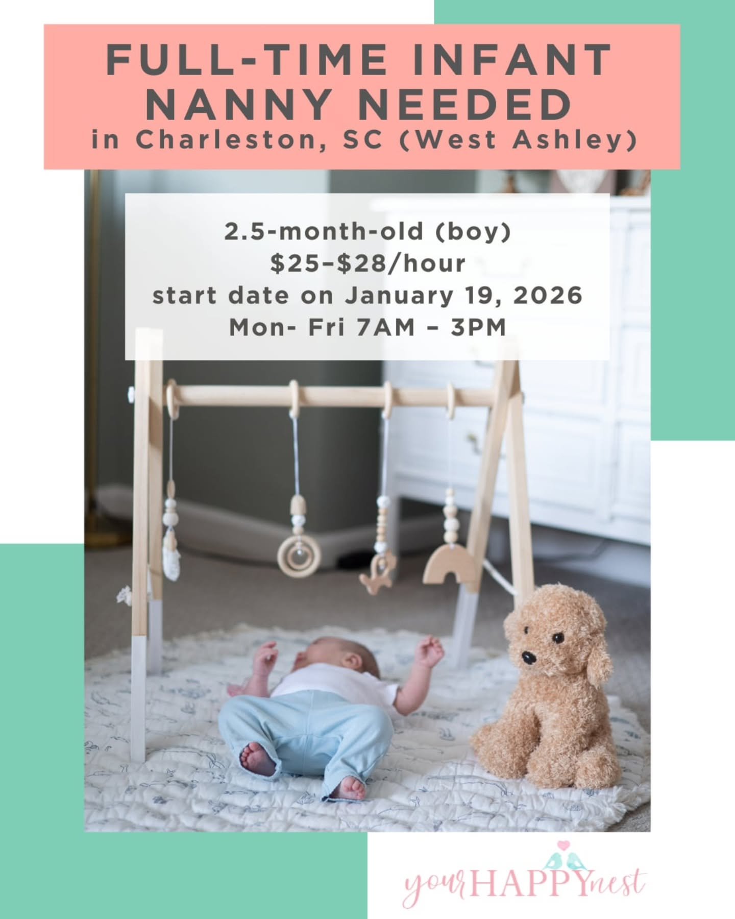 👶💙FULL TIME NANNY NEEDED FOR FIRST TIME PARENTS WITH 2.5 MONTHS OLD BOY 👶💙

First-time parents in West Ashley are searching for a full-time nanny to care for their sweet 2-month-old baby boy. They&rsquo;re hoping to find someone gentle, attentive