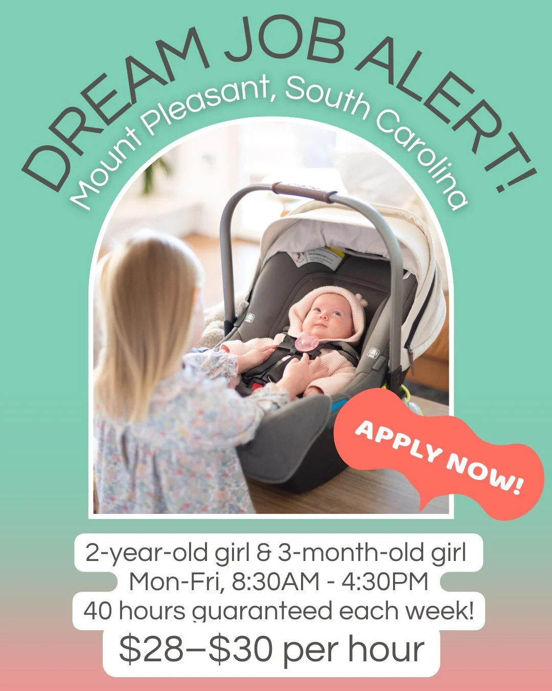 😍👉An outgoing, organized, and on-the-go nanny is needed in central Mount Pleasant to care for two beautiful and healthy little girls (ages 2 years and 3 months). This exceptional, long-term, full-time opportunity is ideal for a nanny who is excited