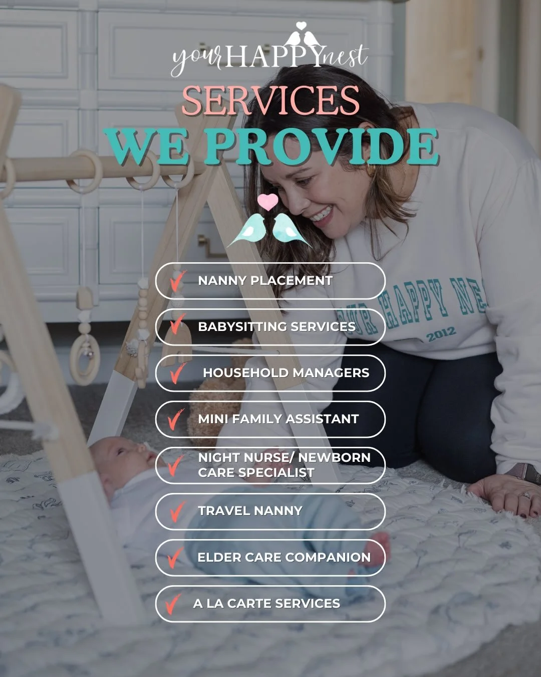 Do you know that Your Happy Nest does more than just Nanny and Babysitter placement? 

Each family is unique and we are here to support you with help in your home where you need it most...whether that be with your children (nanny placement) or more h