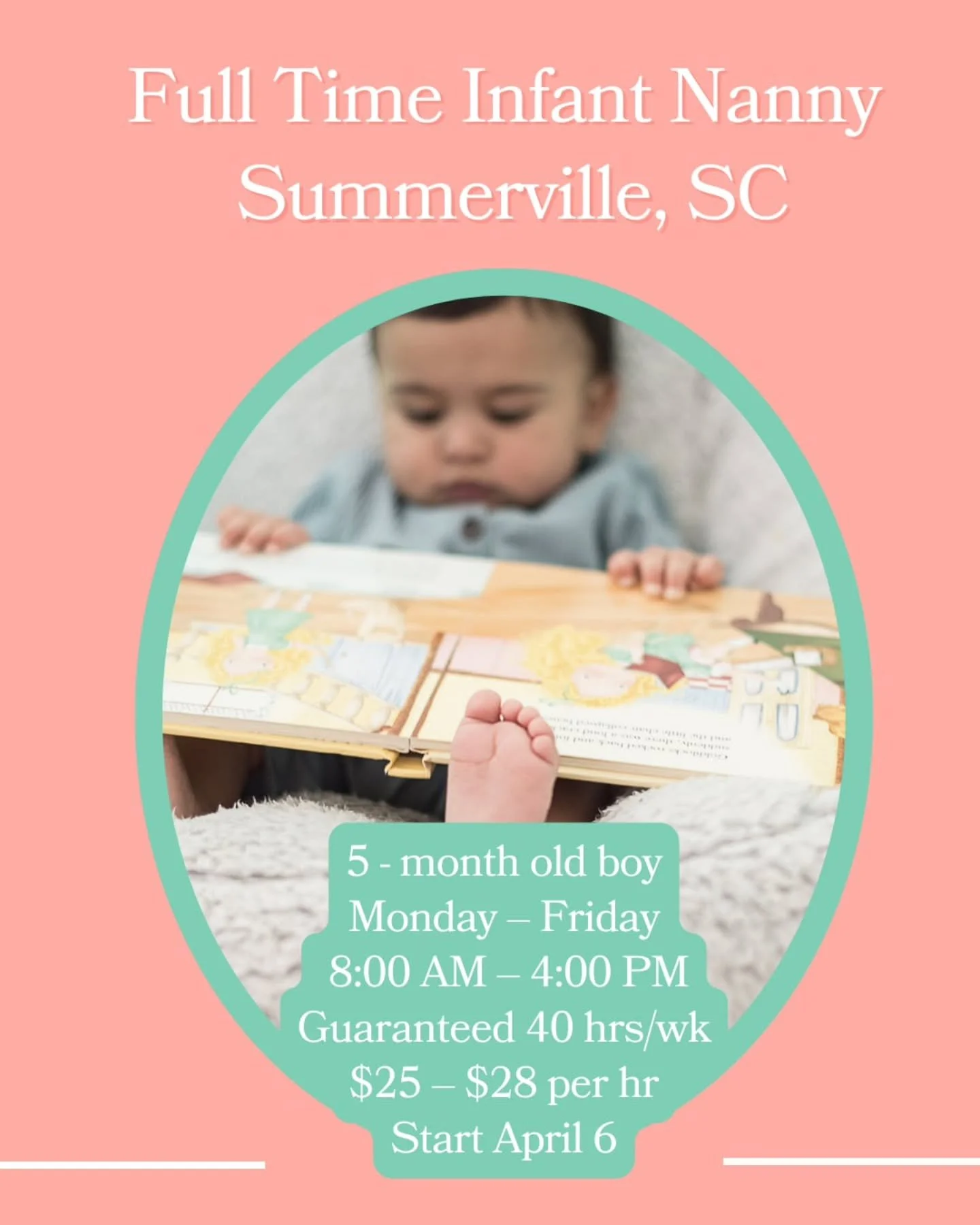 ❤ FULL TIME INFANT NANNY NEEDED IN SUMMERVILLE, SC ❤

First time parents in Summerville are seeking a full time nanny for their baby boy who will be about 5 months old when the position starts. Their ideal candidate will build a nurturing environment