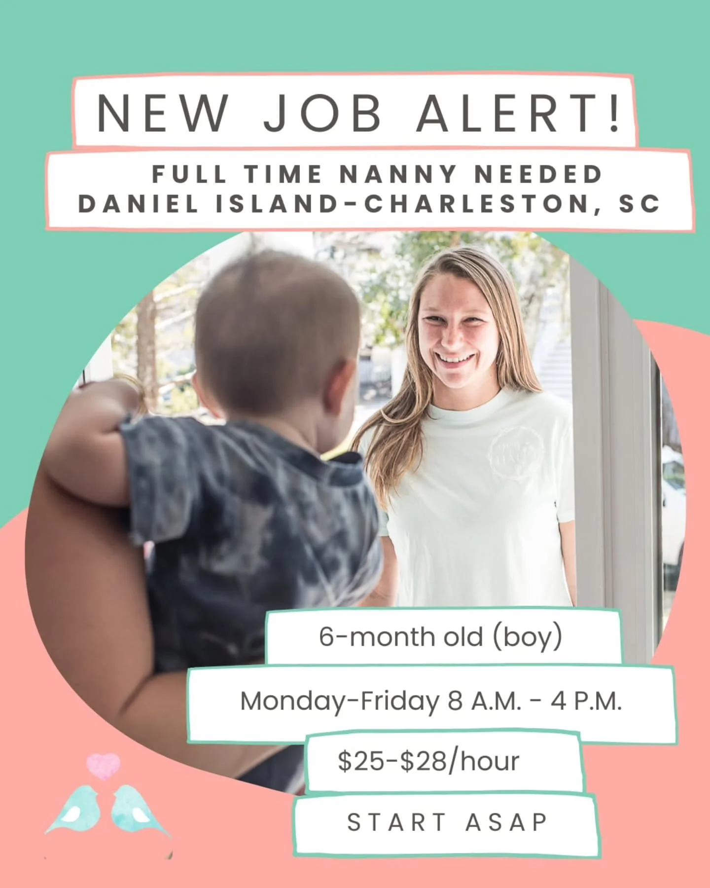🤍🌺 FULL TIME NANNY NEEDED IS DANIEL ISLAND - CHARLESTON, SC 🌺🤍

A warm, engaging, and infant-savvy nanny is needed to provide exceptional care for a happy and curious 6-month-old boy on Daniel Island. These friendly-first time parents are looking