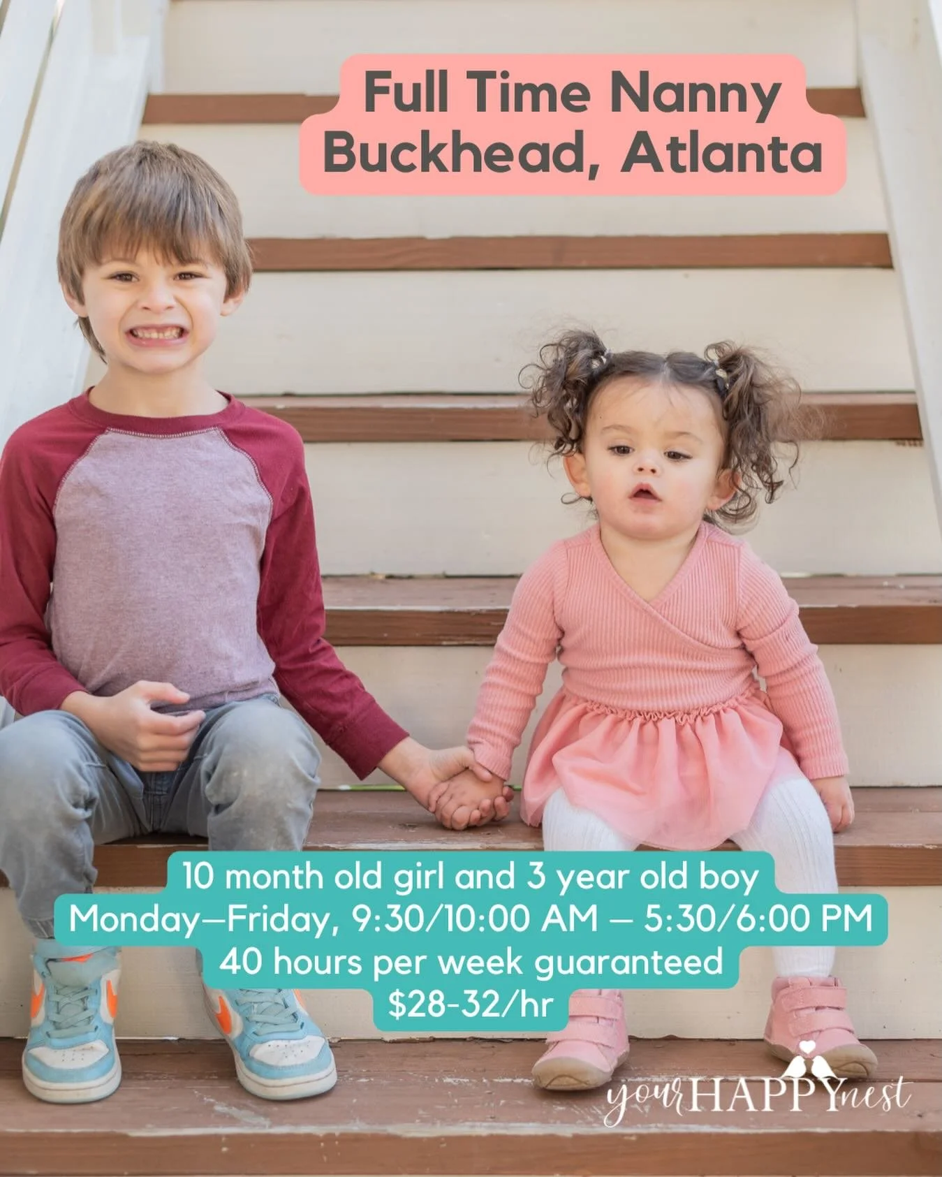🪺FULL TIME NANNY NEEDEDIN BUCKHEAD, ATLANTA! 🪺

A reliable, proactive, and engaging full-time nanny is needed in Buckhead to care for two sweet, fun-loving little ones! This long-term opportunity is ideal for an experienced nanny who brings calm, l