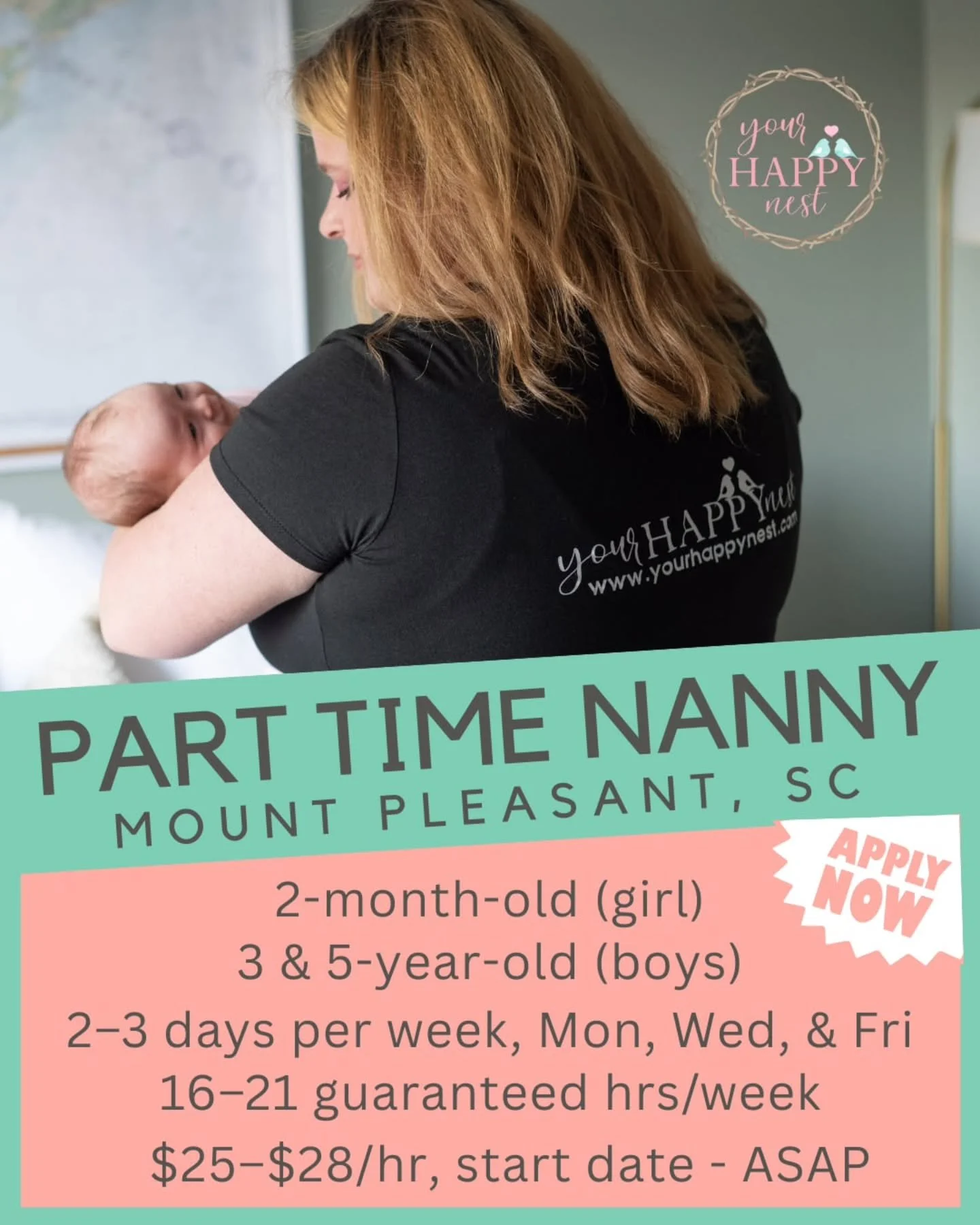 🐥🫶 PART-TIME NANNY NEEDED IN MOUNT PLEASANT, SC - ASAP 🐥🫶

An active, loving, and dependable part-time nanny is needed in Mount Pleasant for a 2-month-old baby girl. This role is ideal for a confident, infant-experienced caregiver who values conn