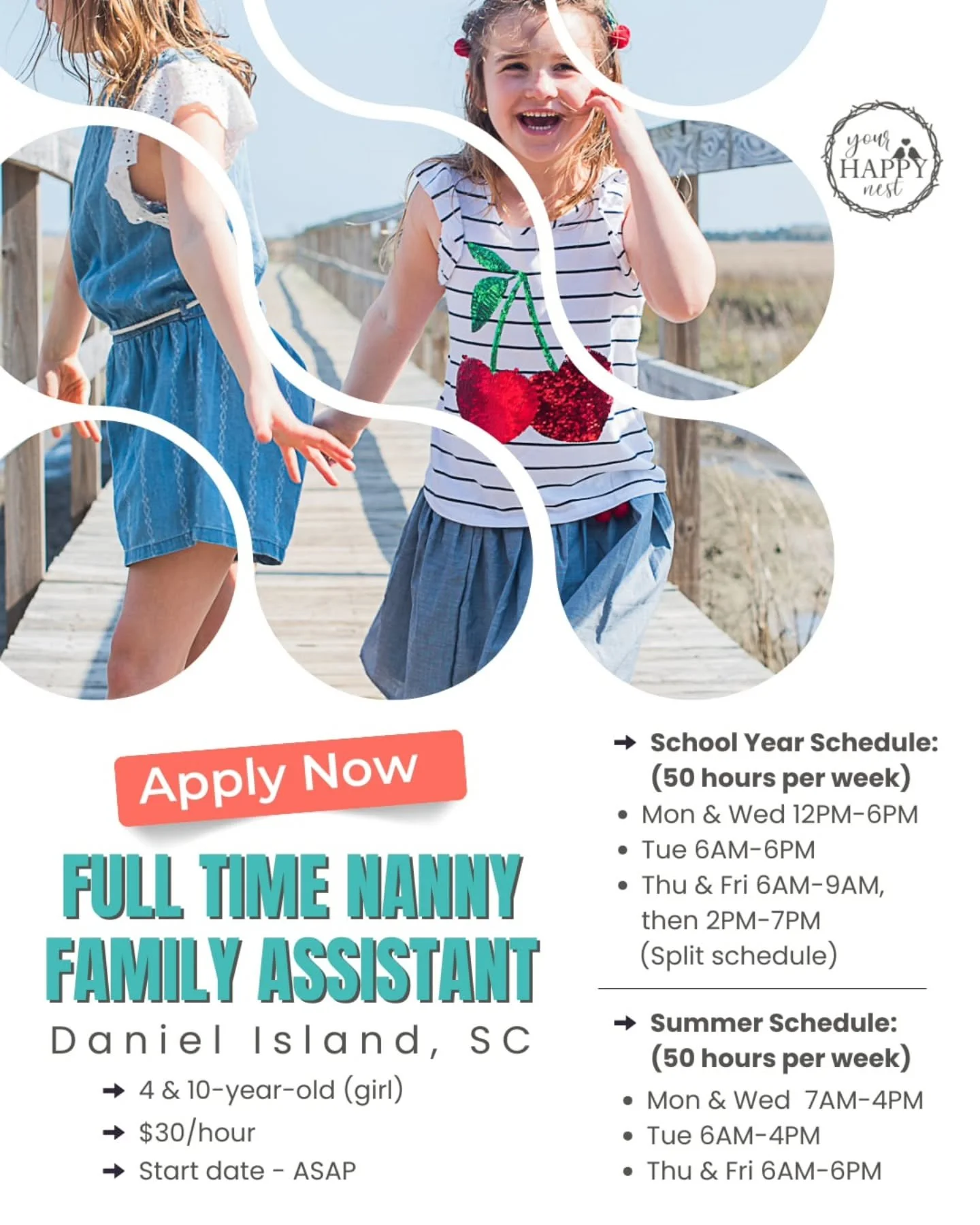 📚✏️ FULL-TIME NANNY/FAMILY ASSISTANT NEEDED IN DANIEL ISLAND, SC 📚✏️

A loving and busy family located on Daniel Island is seeking a proactive, organized, and loving full-time nanny / family assistant to support their household and two sweet school