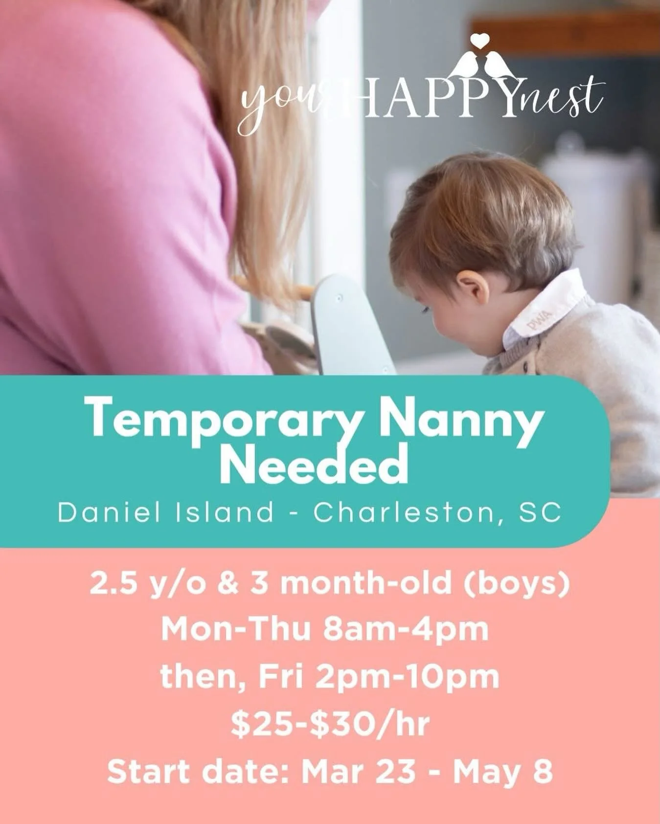 🤩TEMPORARY NANNY NEEDED ON DANIEL ISLAND STARTING MARCH 23!🤩

A wonderful family visiting Charleston (Daniel Island) short-term is seeking a full-time nanny for approximately one and a half months. Primary care will be for their toddler, with occas