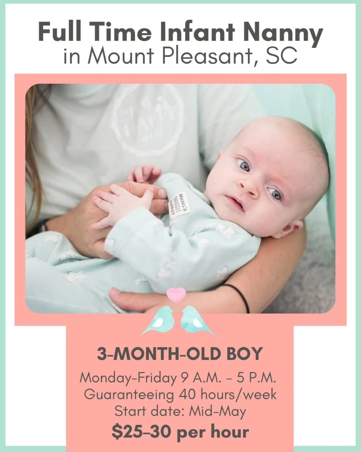 🌳💐 FULL-TIME INFANT NANNY NEEDED IN MOUNT PLEASANT, SC 🌳💐

An infant-savvy nanny is needed in central Mount Pleasant for sweet baby boy who be around 3 months old when the position starts. These kind hearted, first time parents are excited to fin