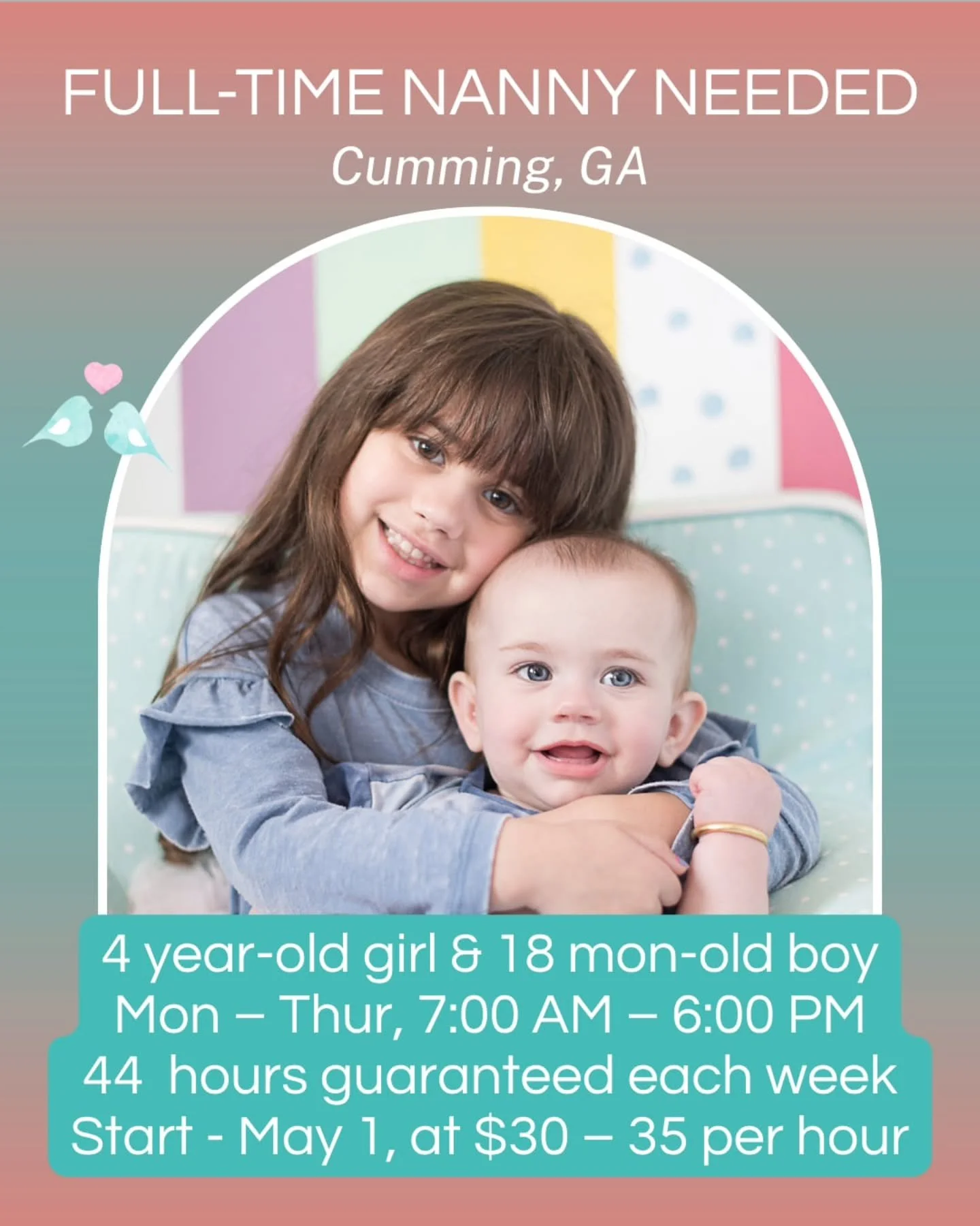 👒🕶️ FULL-TIME NANNY NEED IN CUMMING, GA 👒🕶️

A kind, welcoming, and highly organized family in Cumming is seeking a proactive nanny to support their two young children and help keep their home running smoothly. This role is ideal for a dependable
