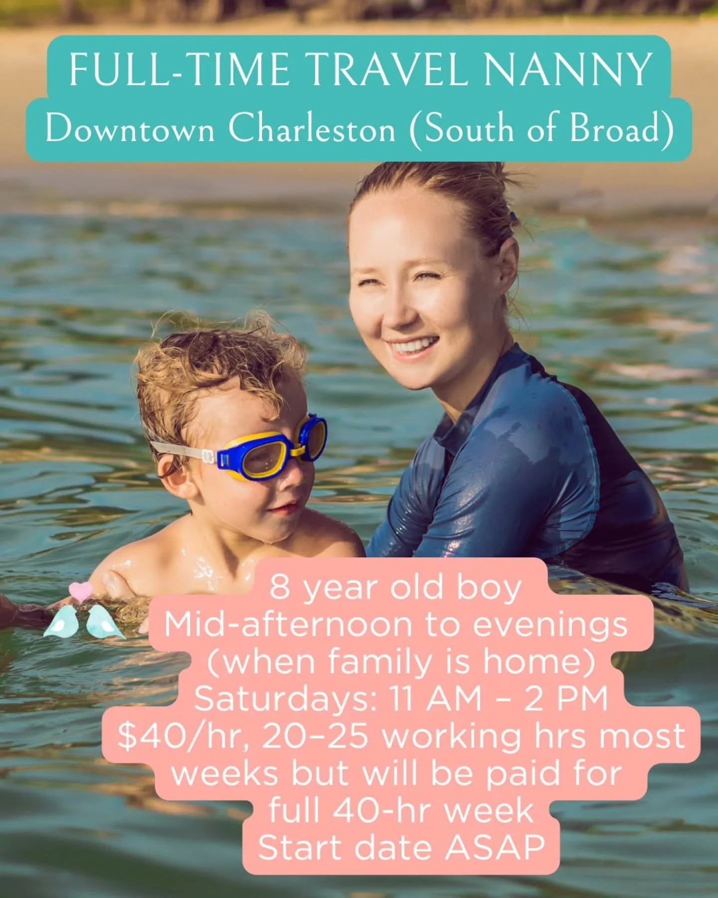 🏖🐚 FULL-TIME TRAVEL NANNY IN DOWNTOWN CHARLESTON (SOUTH OF BOARD) 🏖🐚

An adventurous, joyful, and positive travel nanny is needed for a&nbsp; family in Downtown Charleston to care for their 8 year old boy. This is a rare opportunity for someone w