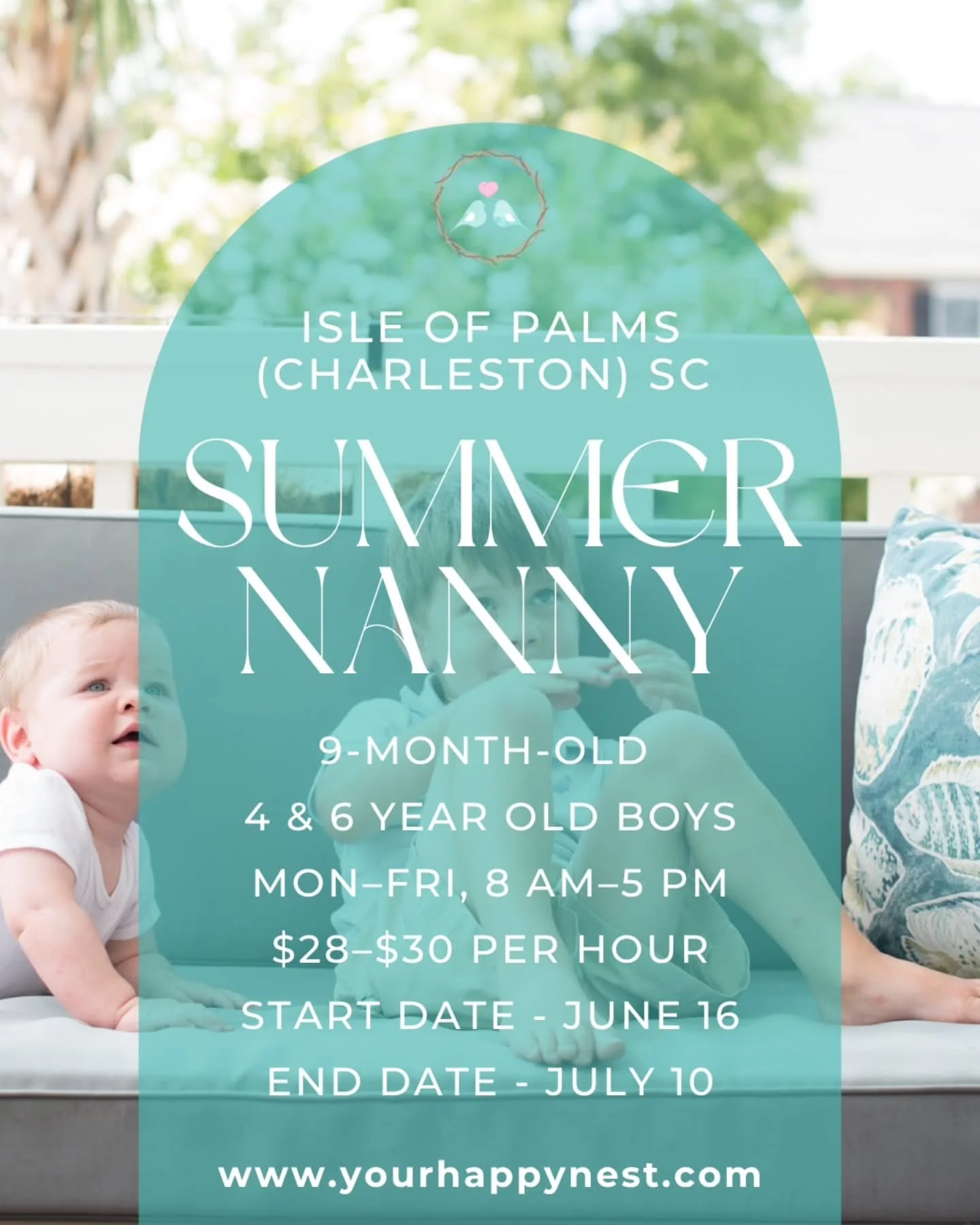 😎⛵ SUMMER NANNY NEEDED IN ISLE OF PALMS (CHARLESTON, SC) 😎⛵

A family vacationing in Charleston is looking for a fun and active nanny for the summer to care for three boys. Two of the boys will be attending camps throughout the week, so morning car