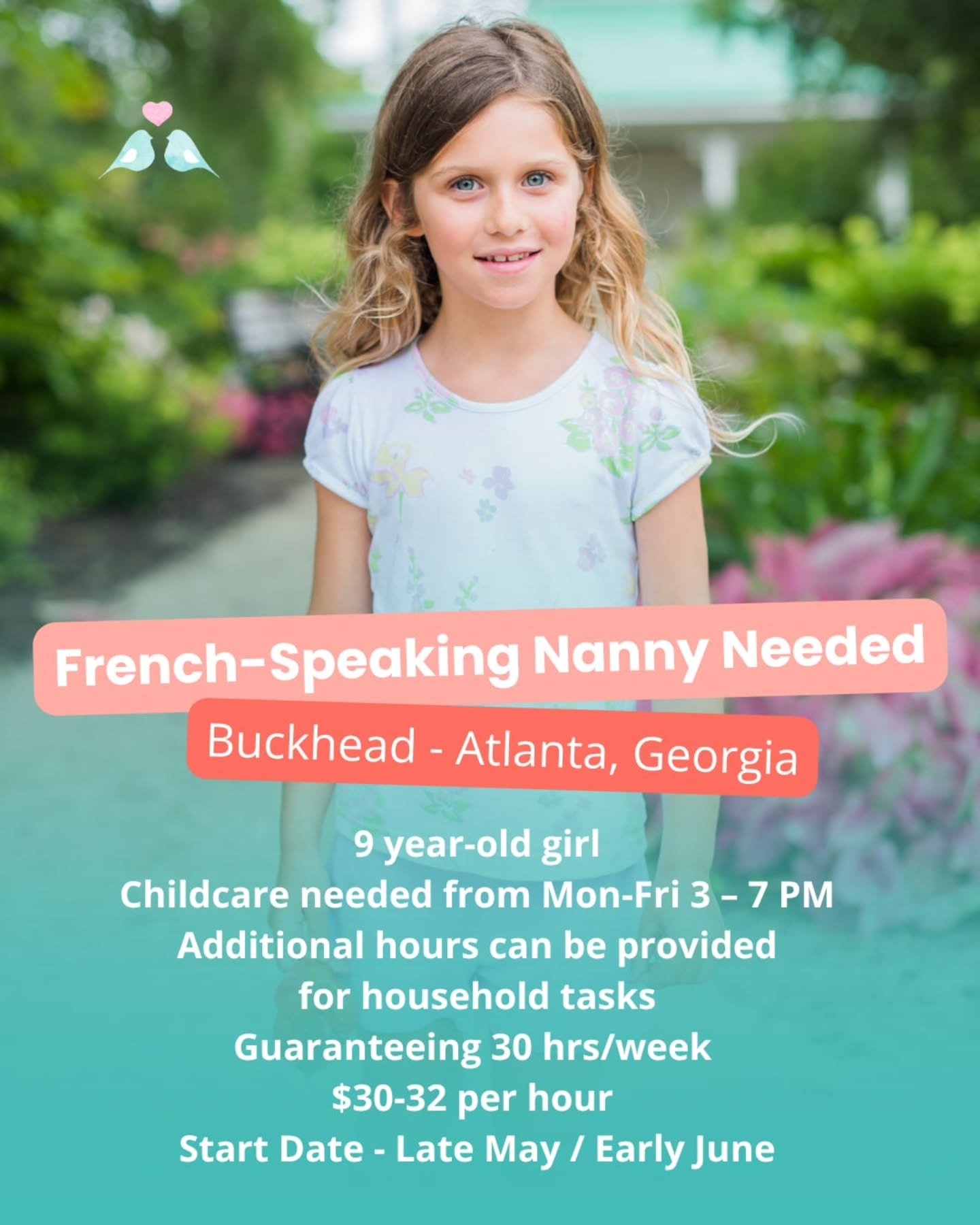 🥖🍝 FRENCH-SPEAKING NANNY NEEDED IN BUCKHEAD - ATLANTA, GA 🥖🍝

A warm, upbeat nanny/household manager is needed in Buckhead for a delightful 9-year-old girl!&nbsp; This position blends engaging after-school care with flexible household support and