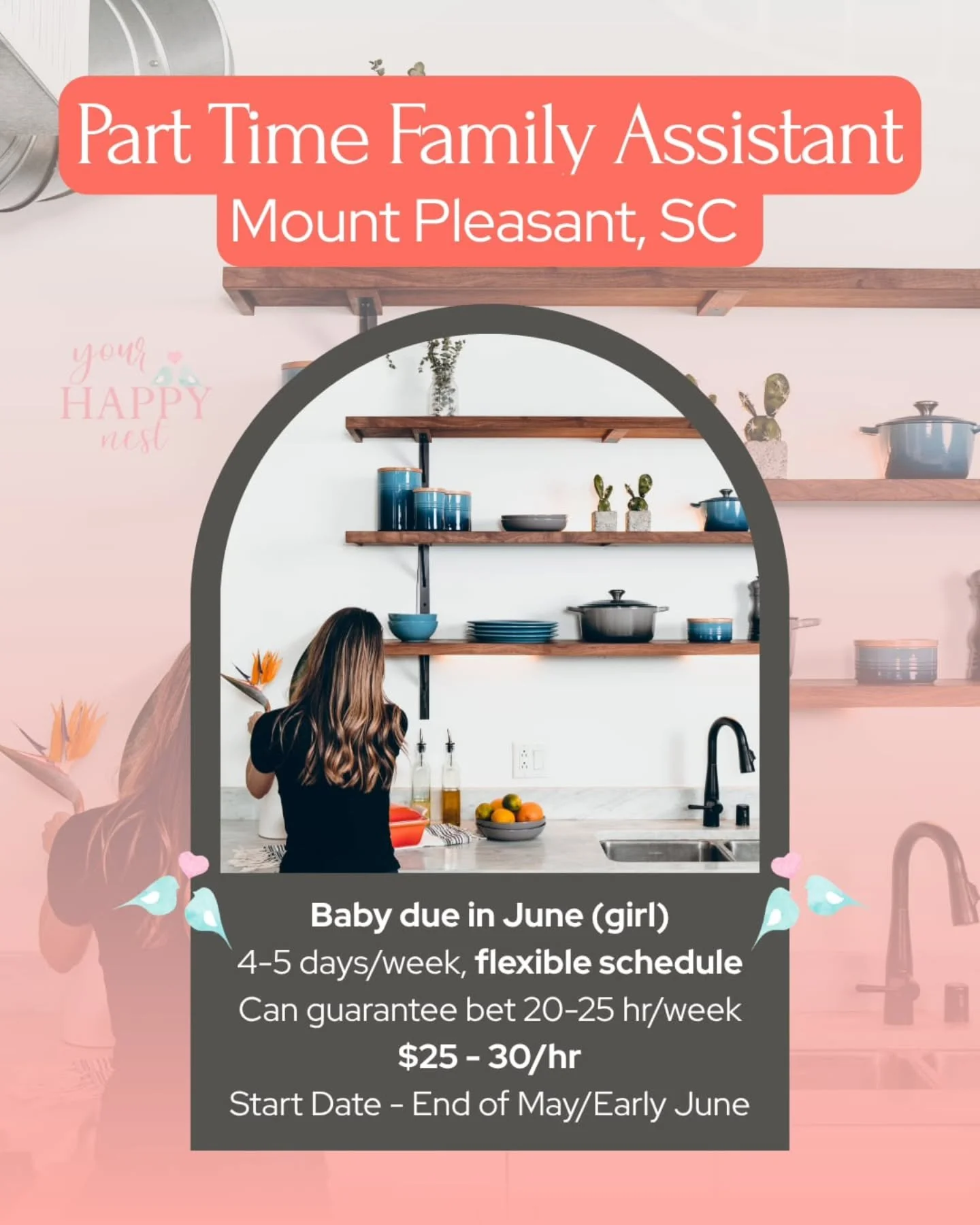 ☂️🌺 PART-TIME FAMILY ASSISTANT NEEDED IN MOUNT PLEASANT, SC ☂️🌺

First-time parents in Mount Pleasant are seeking a reliable, organized, and proactive Family Assistant to support their growing household. This is a flexible, primarily household-focu