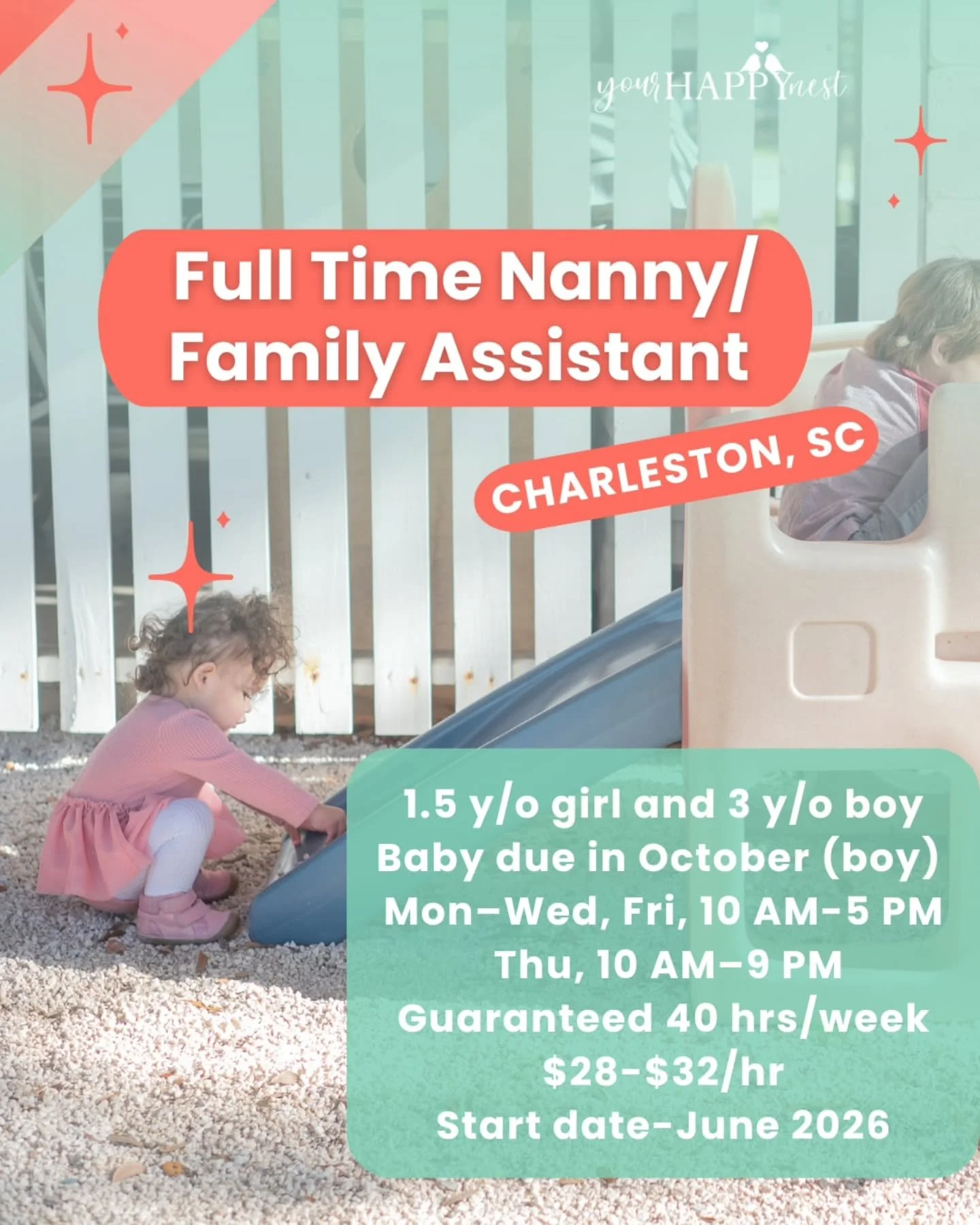 🎀🍀 CHARLESTON FULL TIME NANNY/FAMILY ASSISTANT 🎀🍀

A fun, loving, and growing family right outside of Downtown Charleston is seeking a full-time nanny/family assistant to care for their soon-to-be three children (ages 3, 1.5, and a baby due in Oc