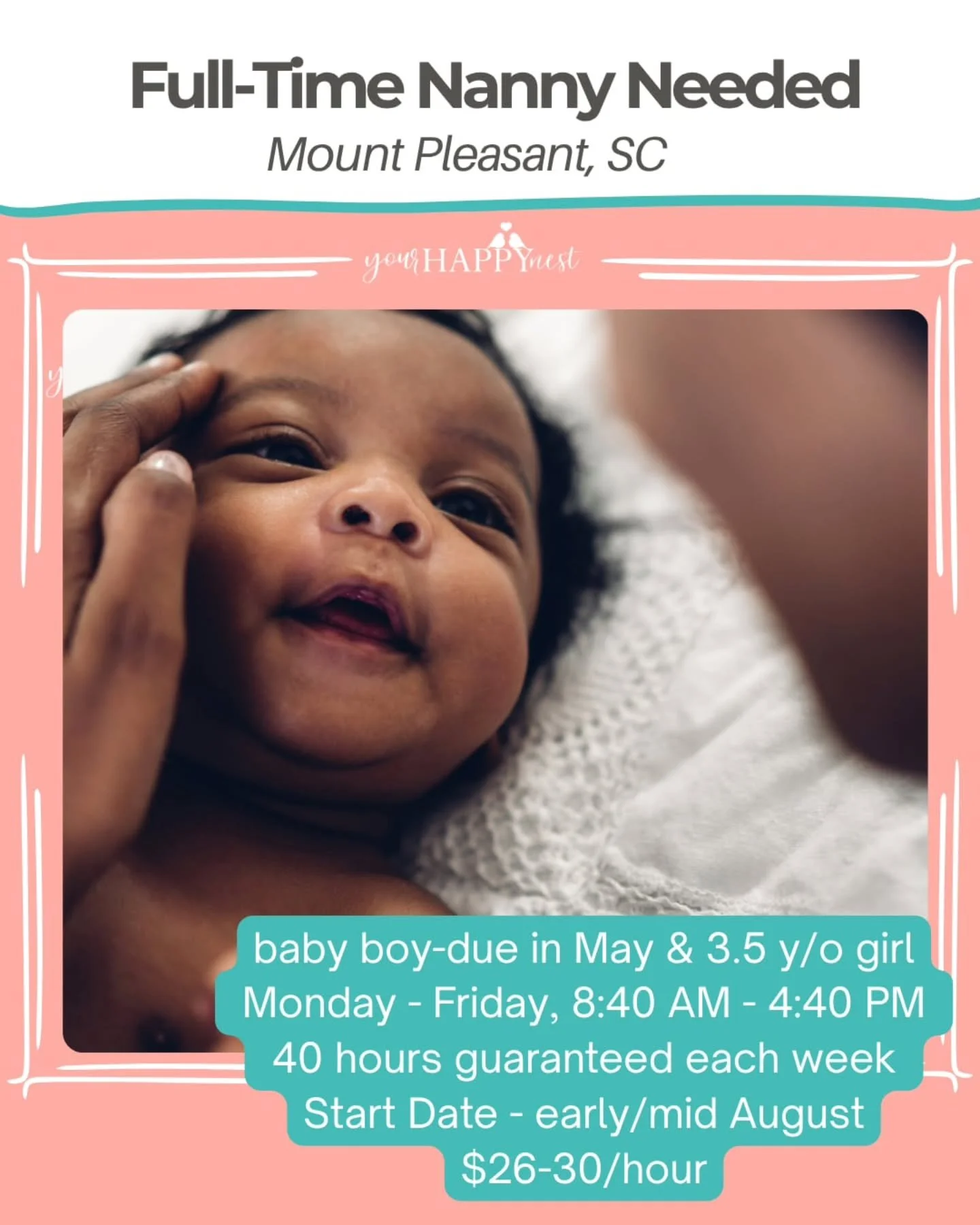 🤩⭐️FULL-TIME NANNY NEEDED IN MOUNT PLEASANT, SC 🤩⭐️

A growing family in Mount Pleasant is seeking a reliable, engaging, and experienced full-time nanny. Mom is expecting baby #2 at the end of May, and care will primarily focus on their infant son,