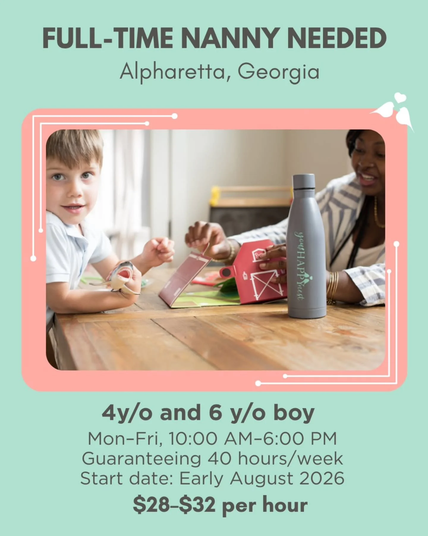 🤩✨FULL-TIME NANNY NEEDED IN ALPHARETTA, GA 🤩✨

An amazing repeat family in Alpharetta is seeking a fun-loving, high-energy nanny for their two active young boys! This long-term role is perfect for a nanny who is hands-on, creative, adventurous, and