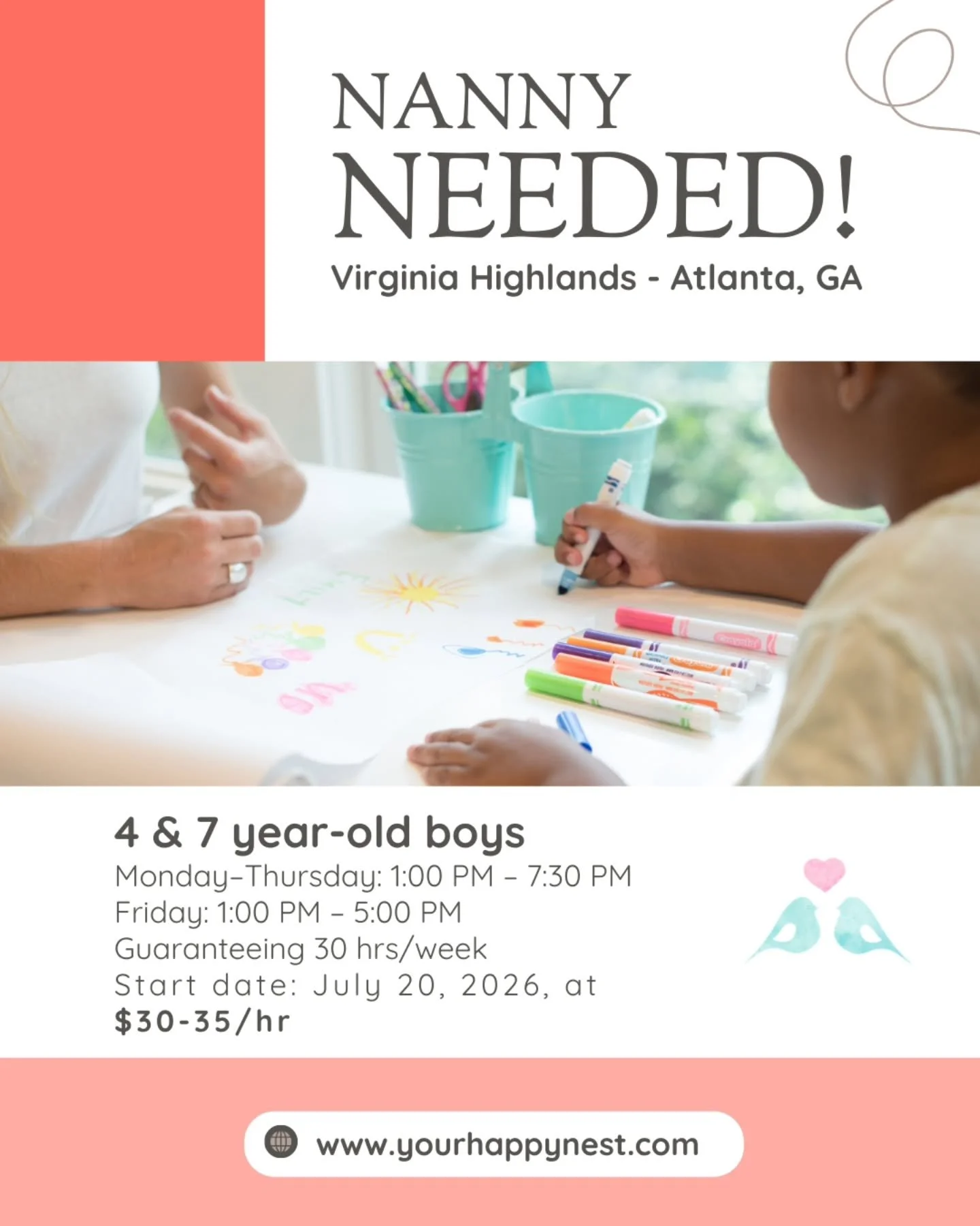 🌵🌀 NANNY NEEDED IN VIRGINIA HIGHLANDS - ATLANTA, GA

A kind, fun-loving family in the Virginia Highlands is seeking an experienced, emotionally intuitive nanny for their two sweet and active young boys!  This long-term role is ideal for a calm, con