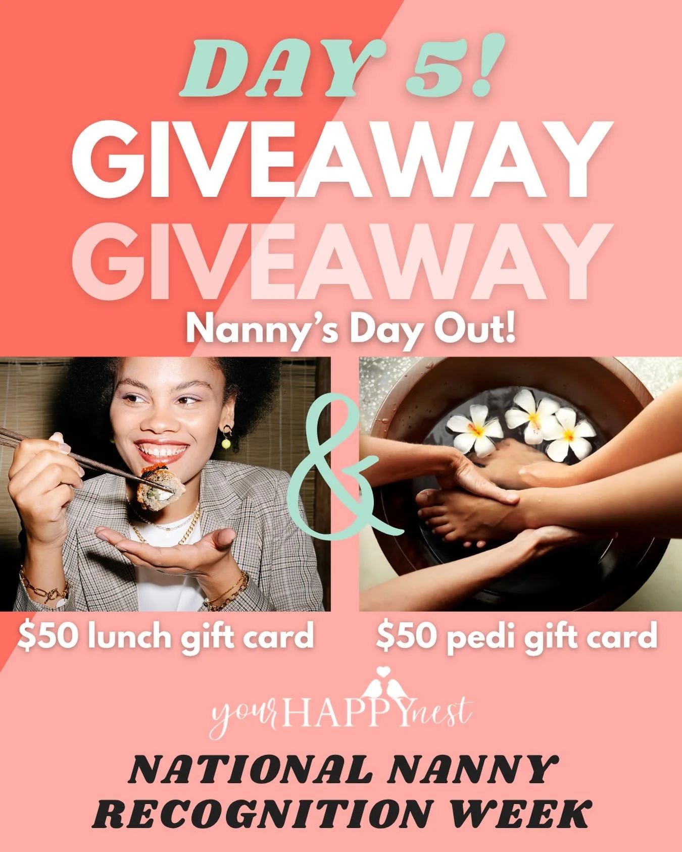 NNRW Giveaway Day 5!!! 🎉

We are excited to wrap up NNRW with another fun giveaway to spoil all the awesome nannies out there with a nanny&rsquo;s day out!!

You&rsquo;ll get a $50 gift card to a nail salon where you can treat yourself to a mani or 