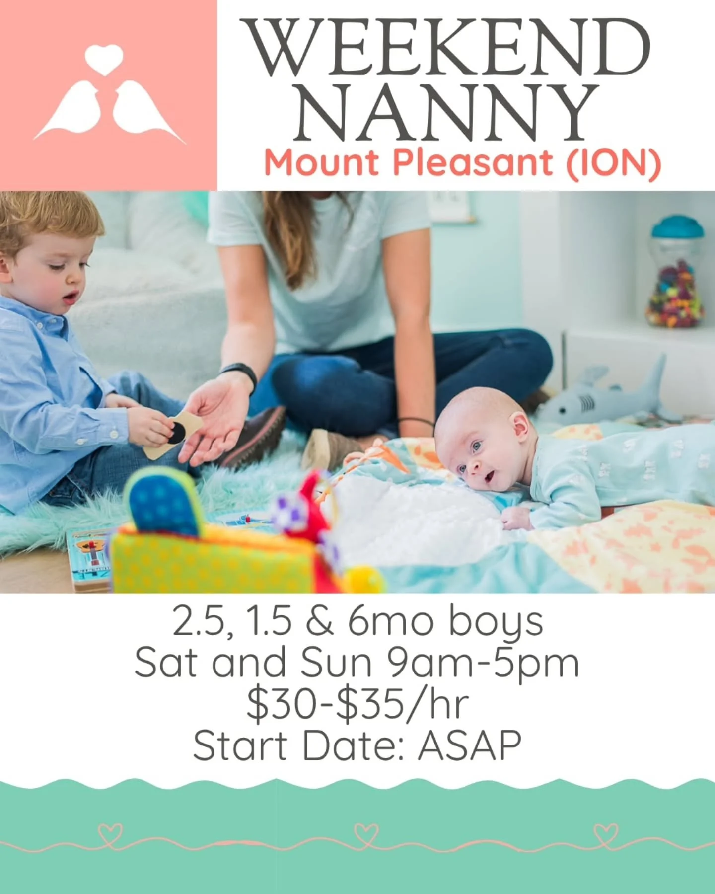 🍳 👱&zwj;♀️ WEEKEND NANNY NEEDED IN MOUNT PLEASANT (ION) 🍳 👱&zwj;♀️

A welcoming, hands-on&nbsp; and repeat family in Mount Pleasant (I'On) is looking for a nurturing, proactive, and supportive part-time weekend nanny to join their home. With thre