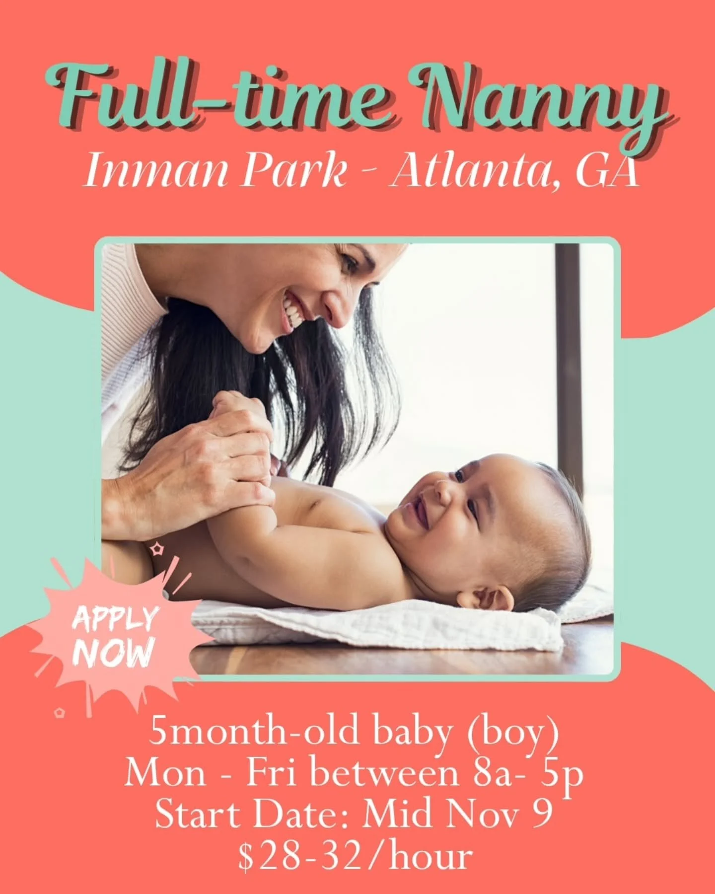 🍽️ 🤱 FULL-TIME NANNY NEEDED IN INMAN PARK - ATLANTA, GA 🍽️ 🤱

A kind, easygoing nanny is needed in Inman Park to care for a sweet and sociable baby boy! This full-time position begins in November and is ideal for an experienced nanny who is hands