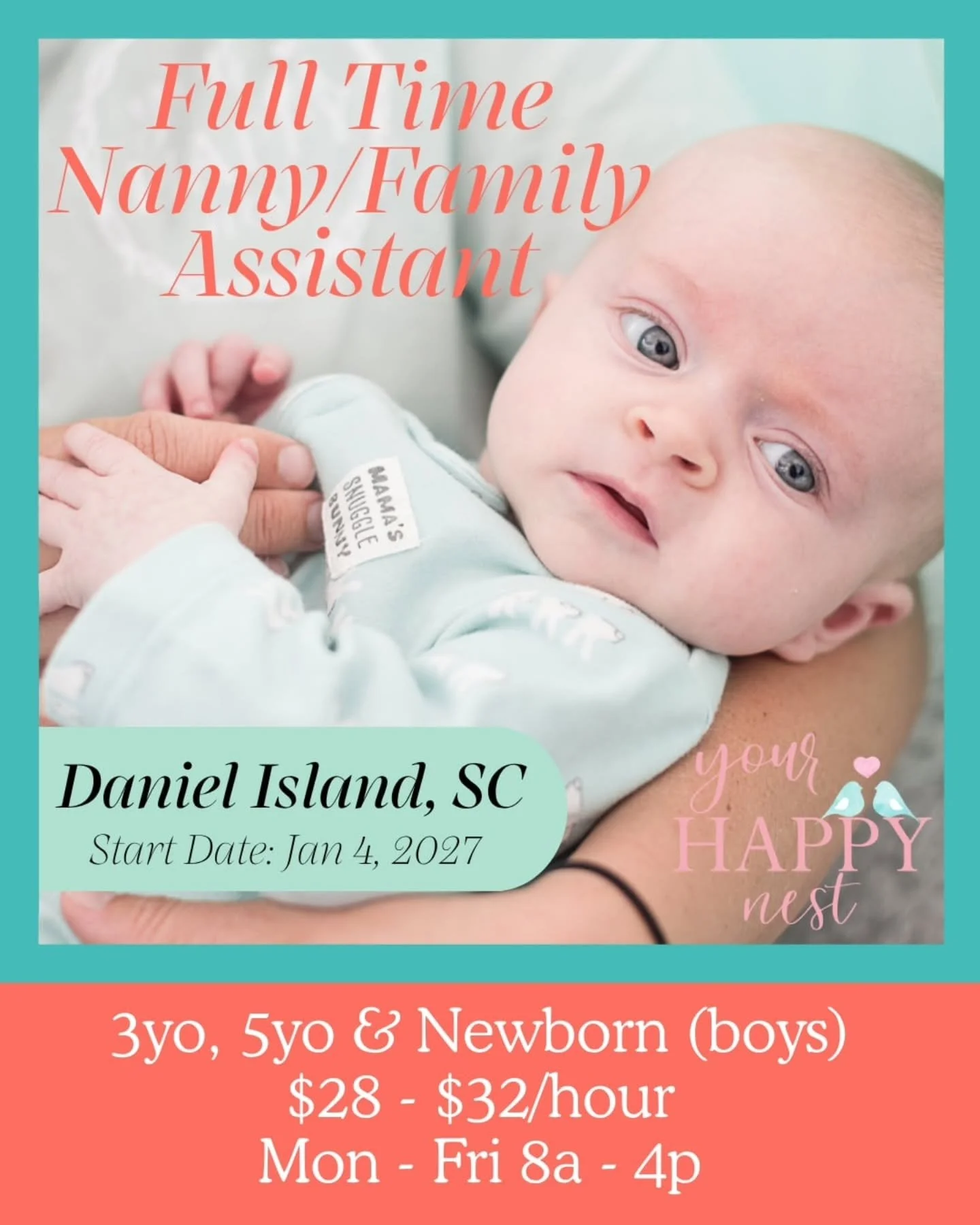 🏠 🍼 FULLTIME NANNY/ FAMILY ASSISTANT NEEDED IN DANIEL ISLAND, SC 🏠 🍼

A warm, active family on Daniel Island is looking for an experienced, dependable, and proactive Nanny + Family Assistant to join their family long-term. The family has three bo