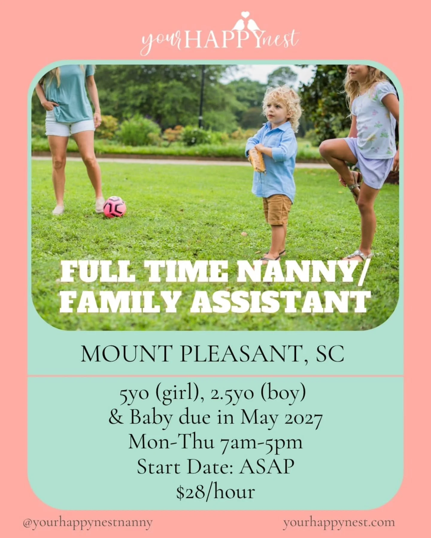 👩❤️ FULL TIME/ NANNY FAMILY ASSISTANT NEEDED IN MOUNT PLEASANT, SC👩❤️

An energetic, playful and engaging nanny/family assistant is needed in Mount Pleasant.  This role is ideal for an organized, detail-oriented, and fun nanny. Excellent long term 
